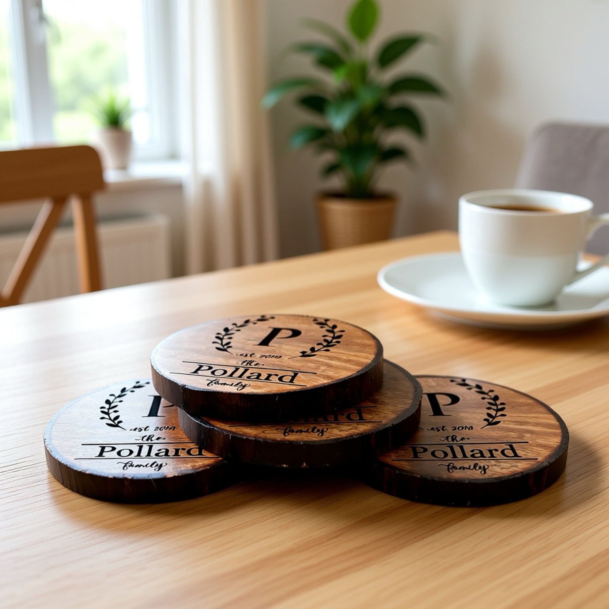 Personalized engraved wood coasters styled on a coffee table with a cup for home decor and gifting.