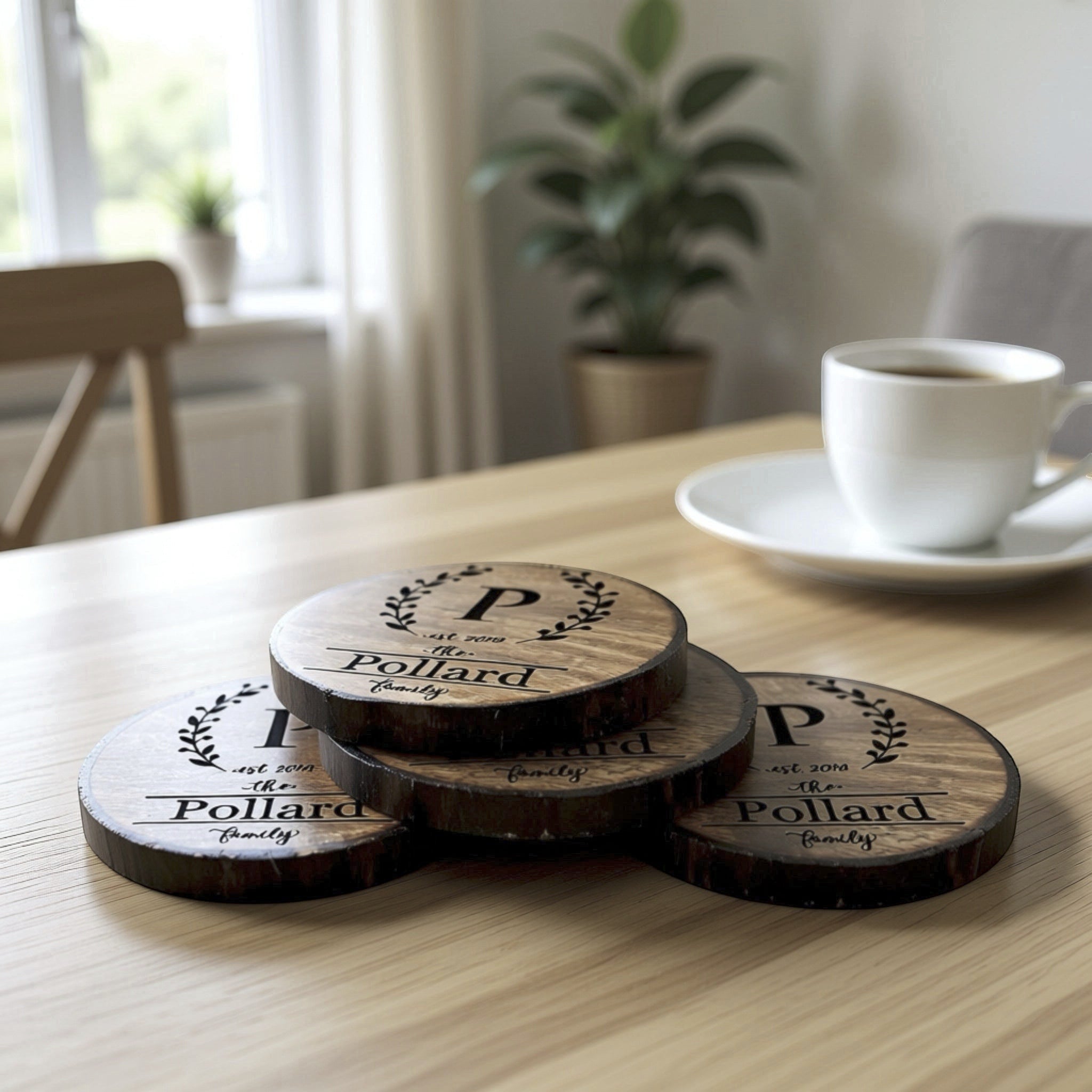 Personalized engraved wood coasters styled on a coffee table with a cup for home decor and gifting.