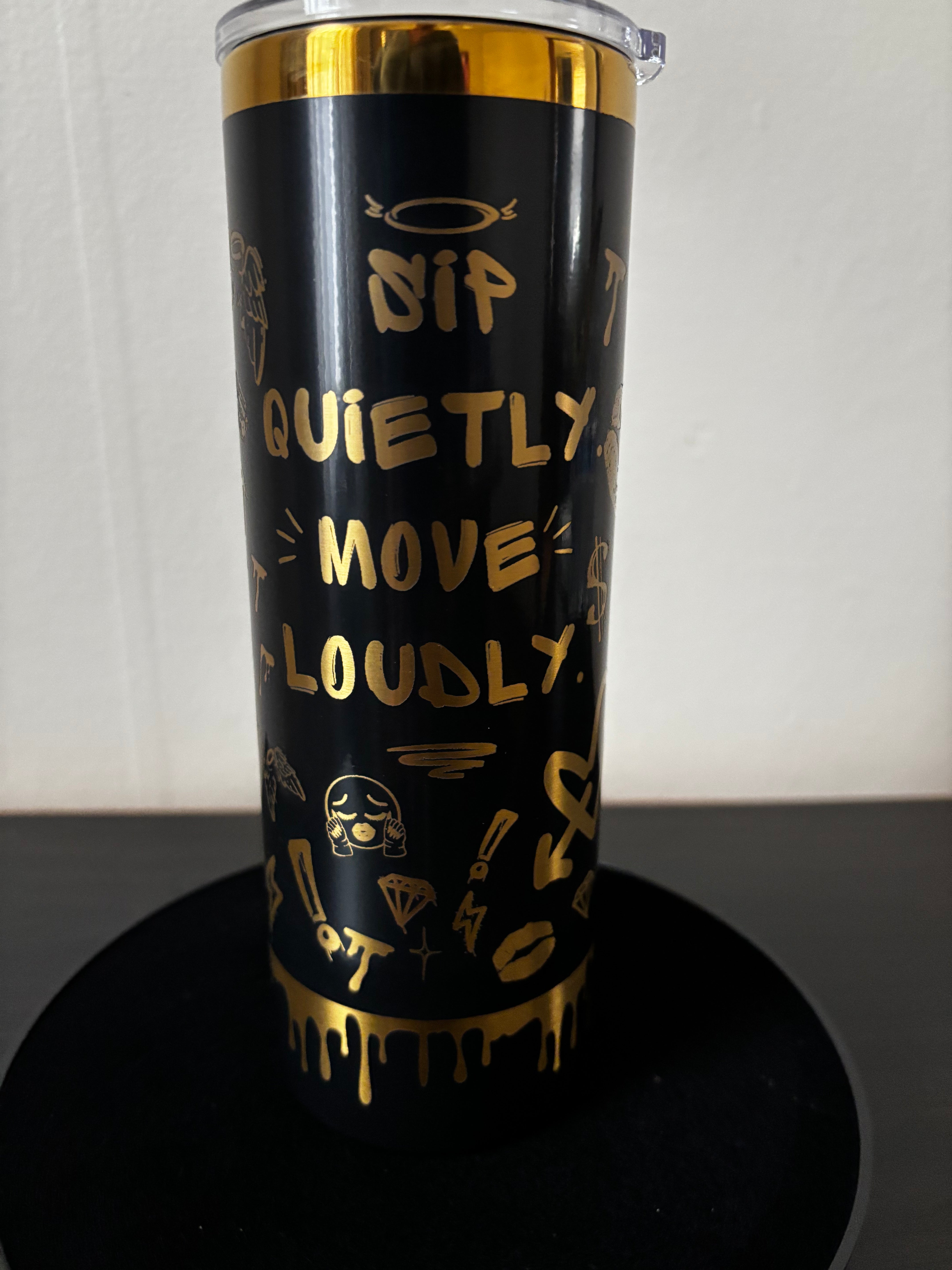 Personalized Skinny Tumbler 20 oz - Black Gold Graffiti Statement Cup, Bold Quote Stainless Steel Tumbler, Custom Name Gift for Her