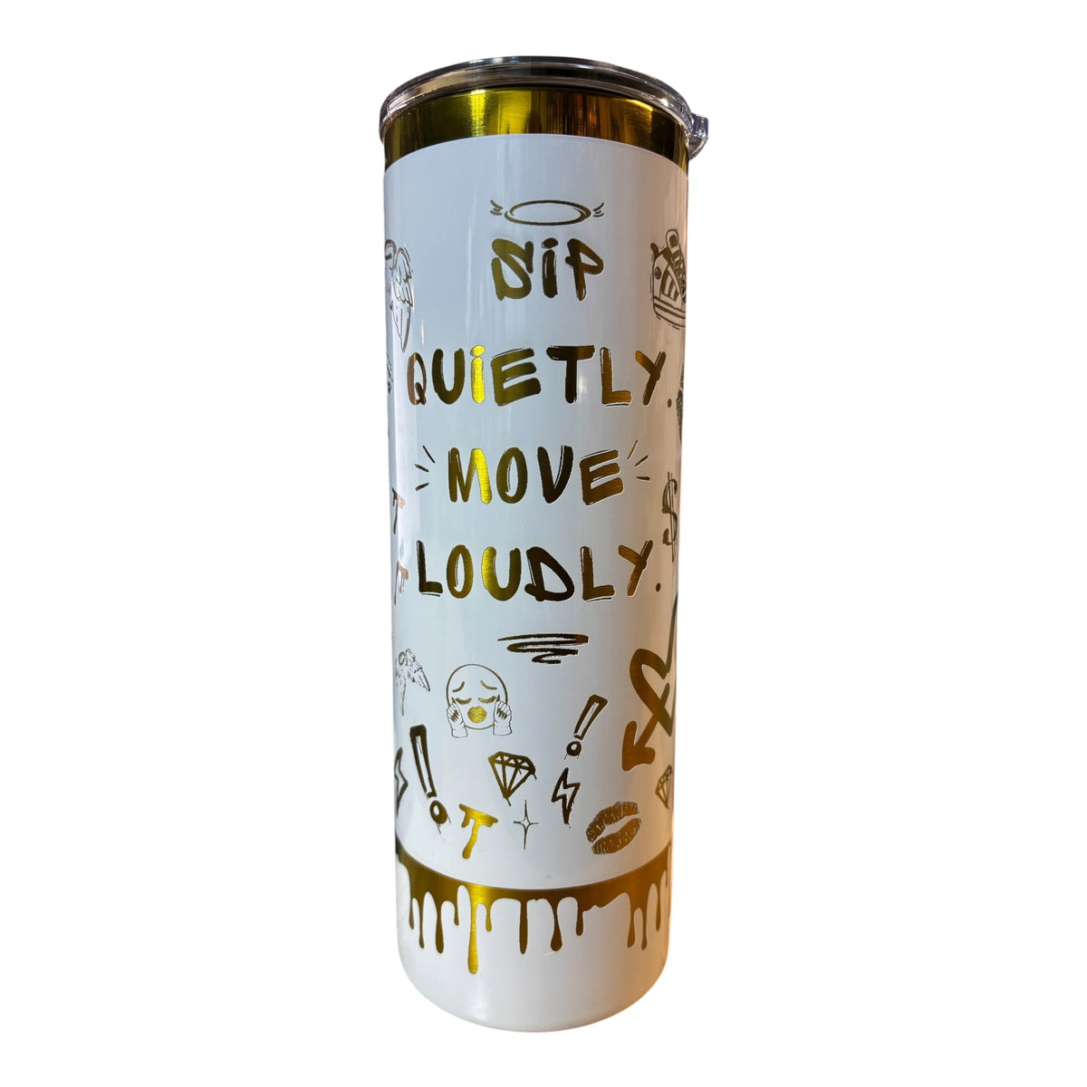 Personalized Skinny Tumbler 20 oz - White Gold Graffiti Statement Cup, Bold Quote Stainless Steel Tumbler, Custom Name Gift for Her