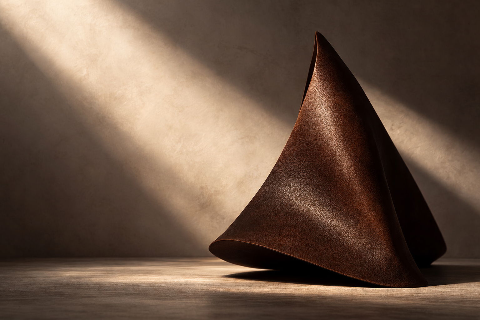 Brown cone-shaped object on a wooden surface with a warm light source