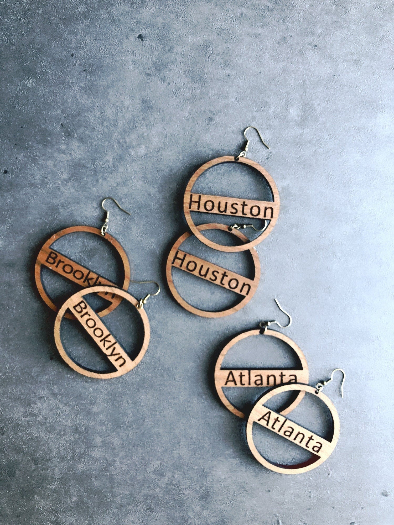 Personalized Wooden Hoop Earrings: Engraved City Name, Vintage Style