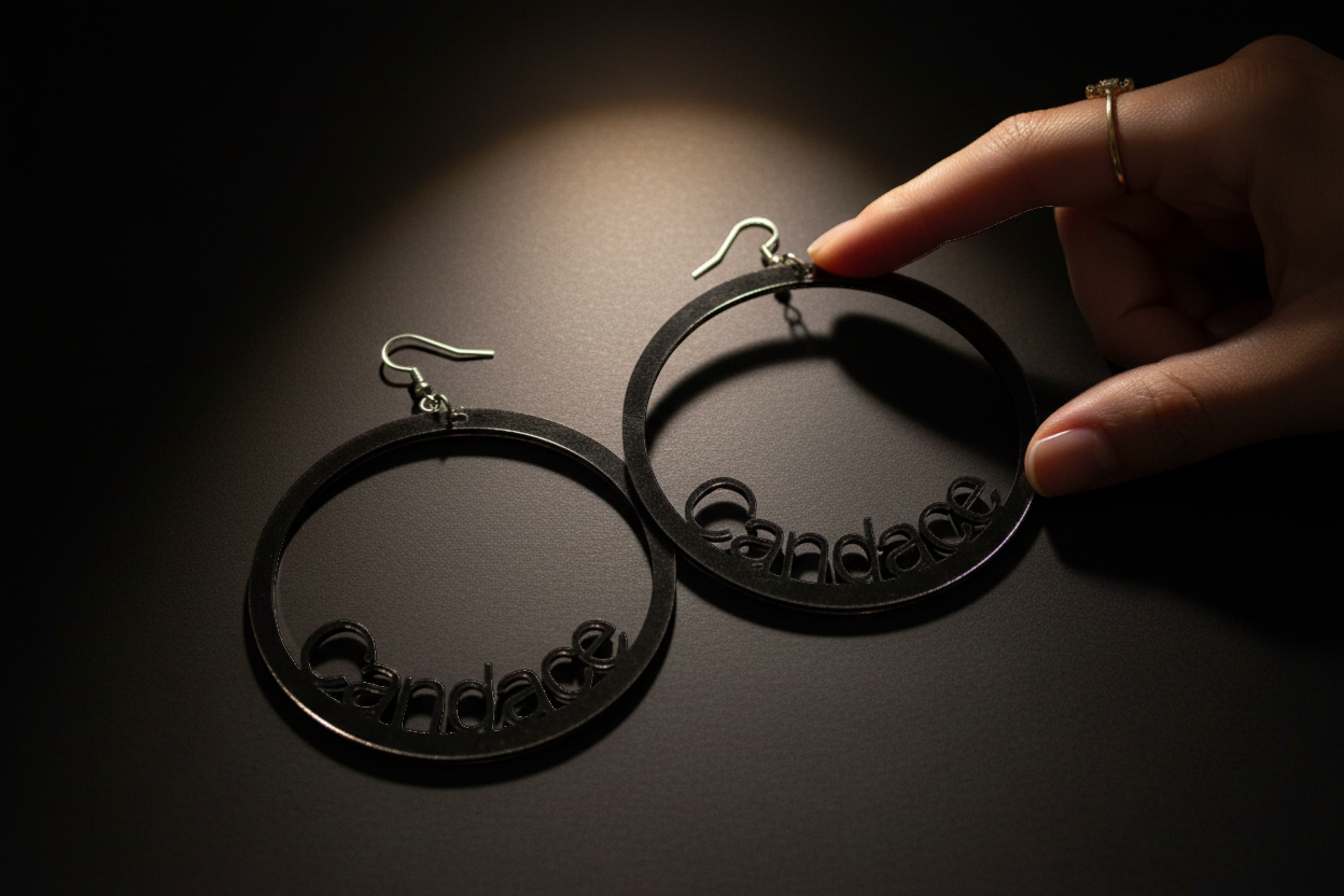 Rejecting Retail Studio black acrylic personalized name hoop earrings with 'Candace' cut out.