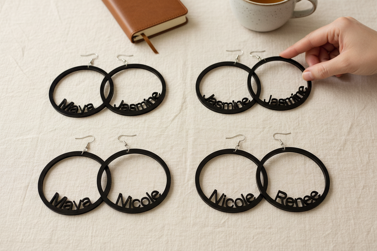 Rejecting Retail Studio oversized black acrylic hoop earrings with custom name cut out. Statement jewelry.