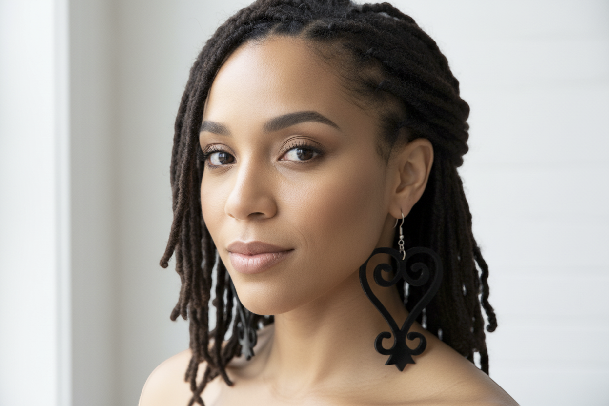 Rejecting Retail Studio black acrylic Sankofa earrings with hypoallergenic ear wires. Lightweight statement jewelry.