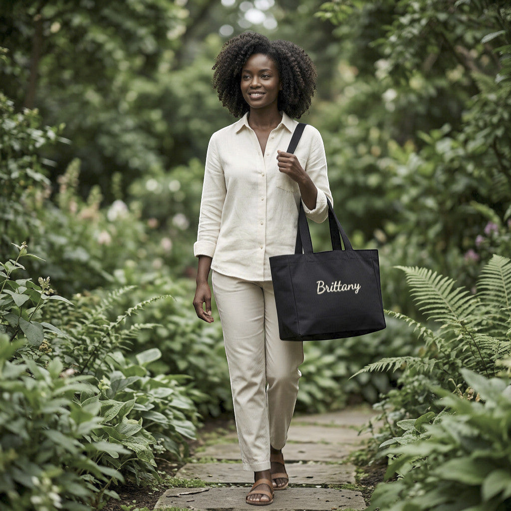 Rejecting Retail Studio black canvas tote bag with 3D puff embroidered custom name "Brittany" in white script.