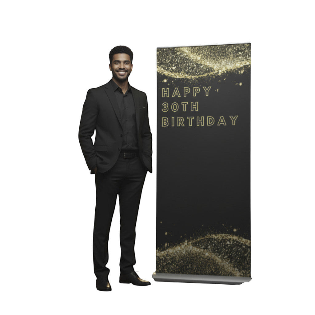 Rejecting Retail Studio black and gold personalized retractable birthday banner with glitter accents and "Happy 30th Birthday" text.