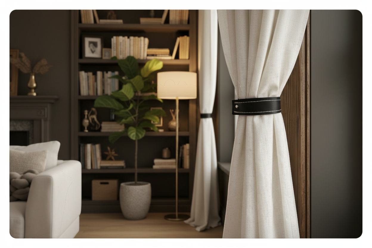 Rejecting Retail Studio black genuine leather curtain tieback with silver hardware, set of 2.