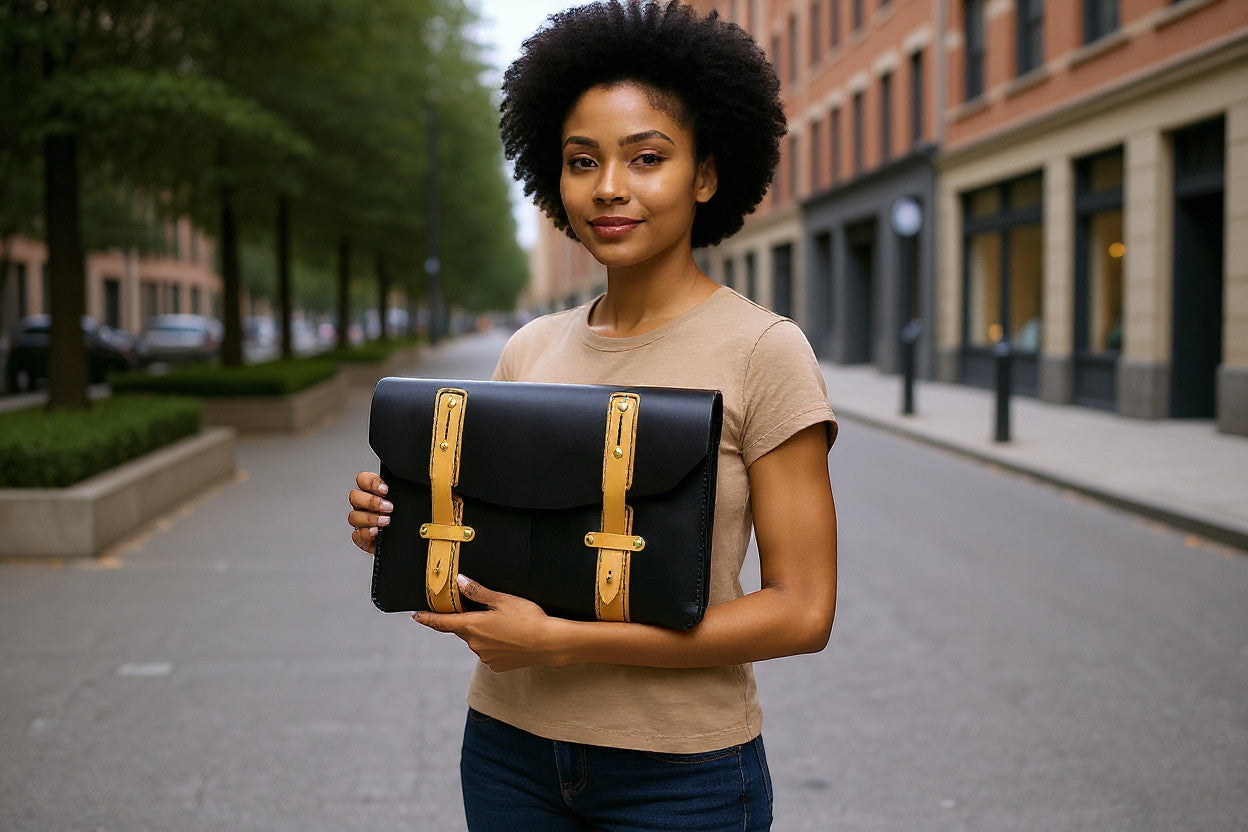 Rejecting Retail Studio black leather portfolio bag with tan accents and buckle closures, hand-sewn for documents.