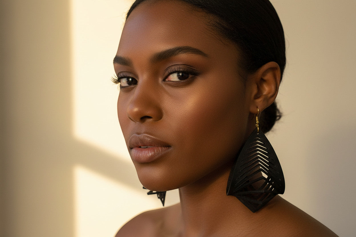 Rejecting Retail Studio black genuine leather statement earrings with 3D sculpted design and gold accents.