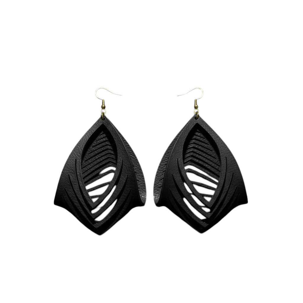 Rejecting Retail Studio hand-painted black genuine leather statement earrings with gold accents and 3D sculpted design.