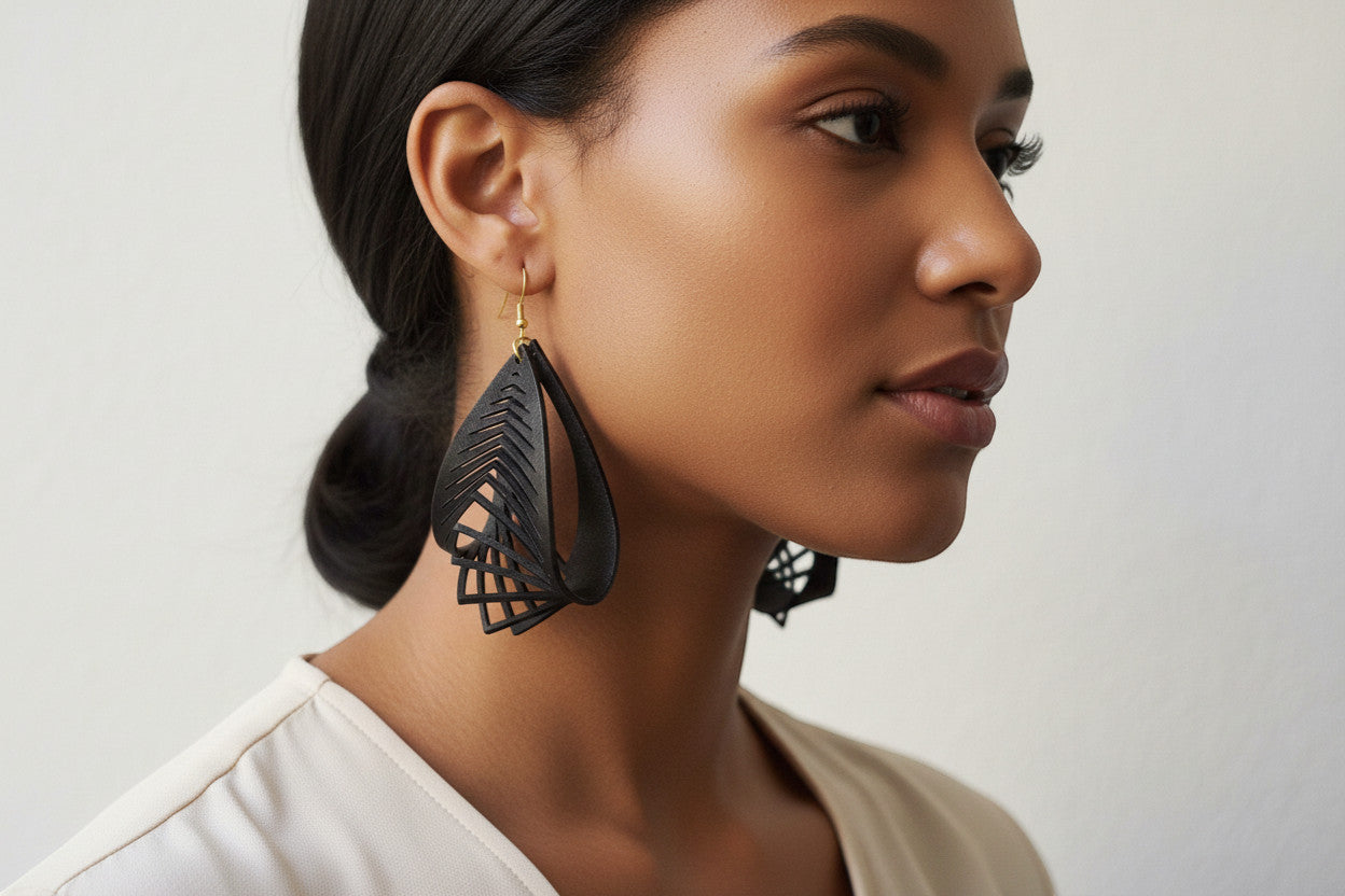 Rejecting Retail Studio hand-painted black genuine leather statement earrings with gold accents and 3D sculpted design.