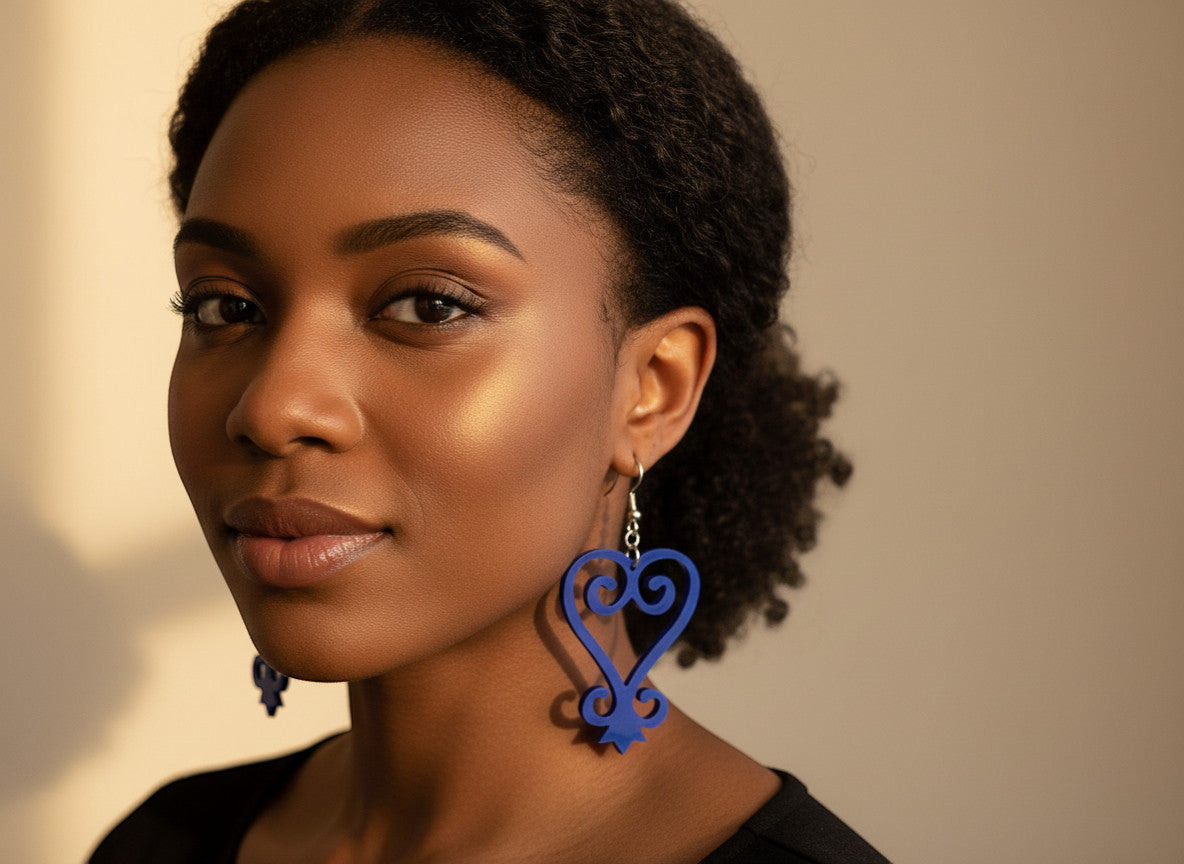 Rejecting Retail Studio blue acrylic Sankofa earrings with hypoallergenic ear wires. Handmade Afrocentric statement jewelry.