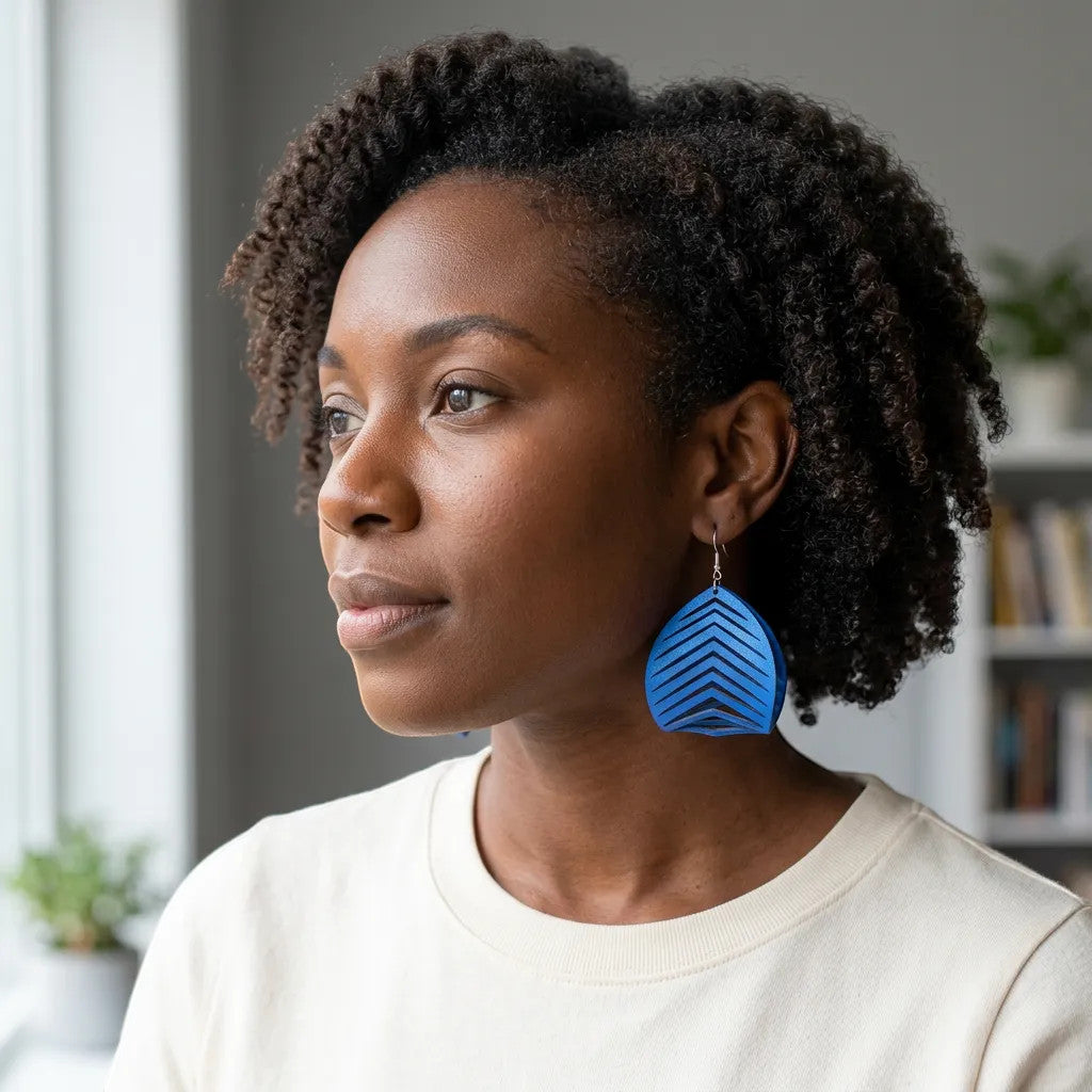 Rejecting Retail Studio large blue genuine leather statement earrings with chevron pattern, hypoallergenic ear wires.