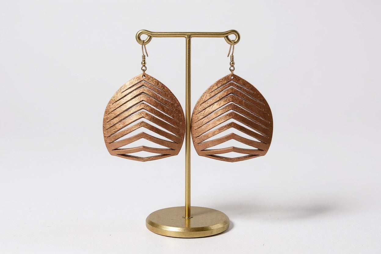 Rejecting Retail Studio copper hand-painted genuine leather statement earrings with laser-cut chevron pattern. Lightweight.