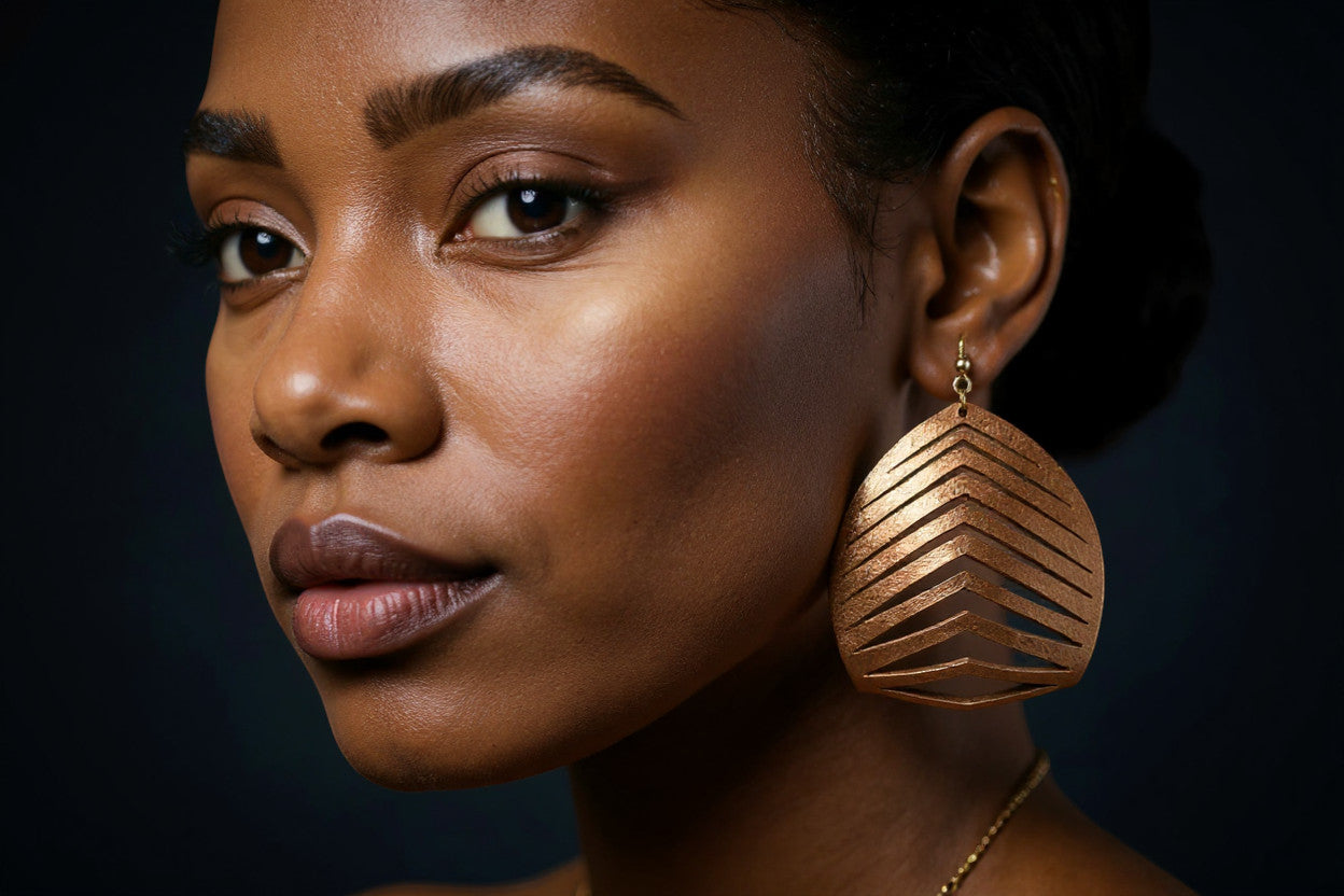 Rejecting Retail Studio copper hand-painted genuine leather statement earrings with laser-cut chevron pattern. Lightweight.