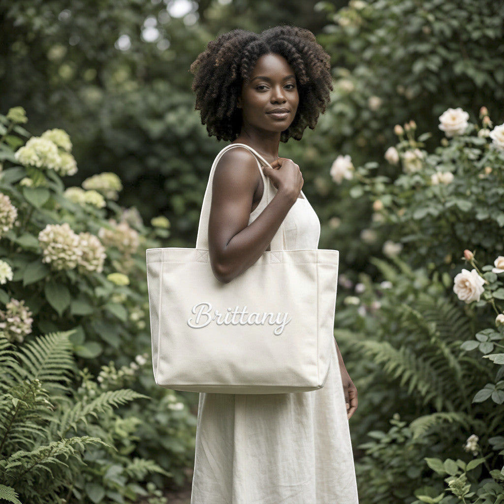 Rejecting Retail Studio cream canvas tote bag with 3D puff embroidered custom name "Brittany" in white script.