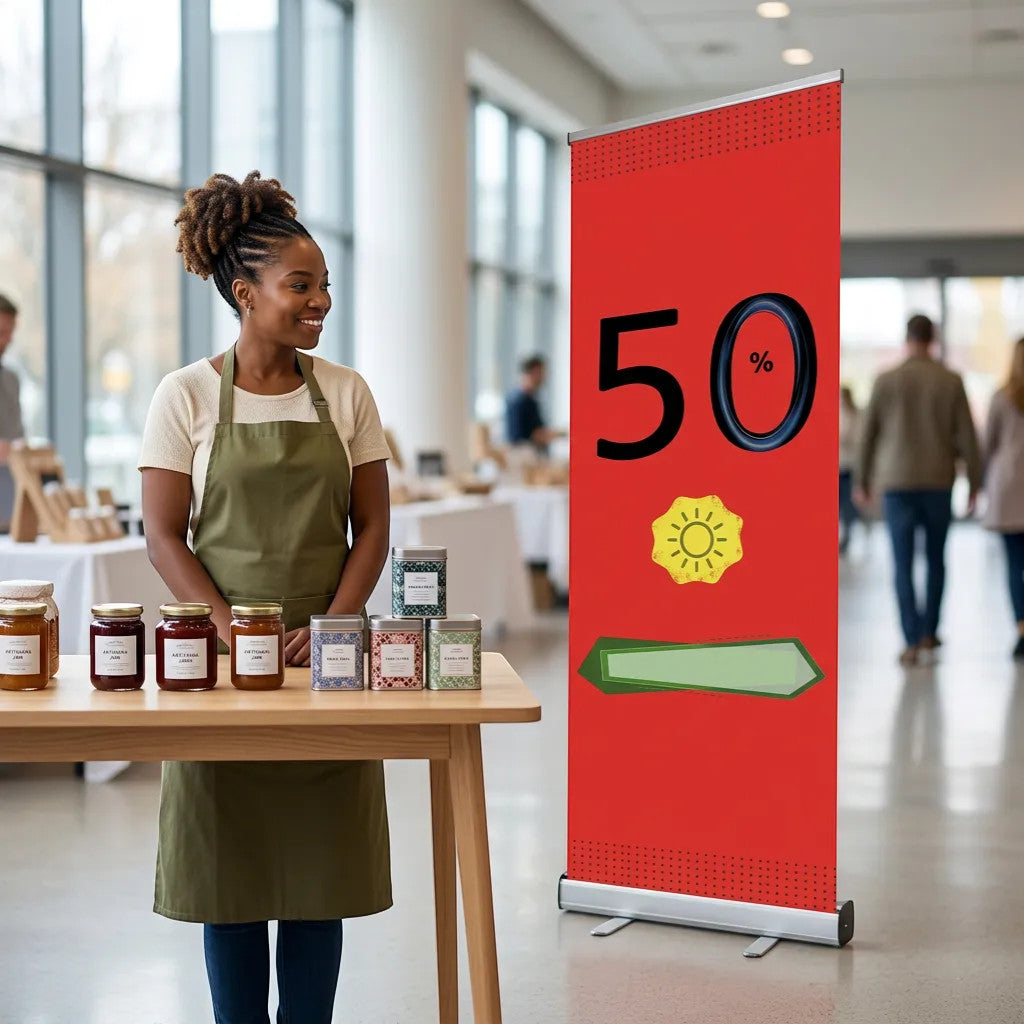 Rejecting Retail Studio custom retractable banner with 50% off graphic, sun, and green arrow. Ideal for trade shows and events.