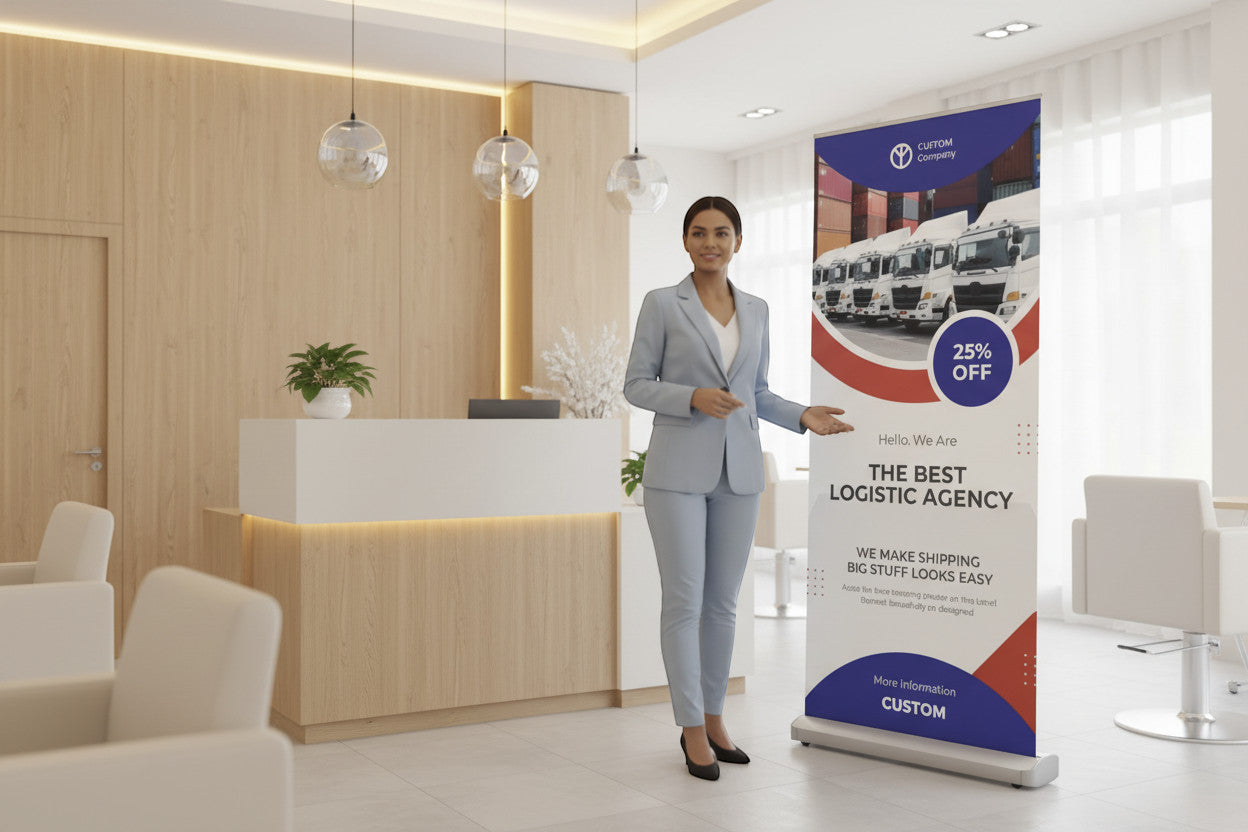 Rejecting Retail Studio customizable retractable banner stand with vinyl print for logistics and transport agency.