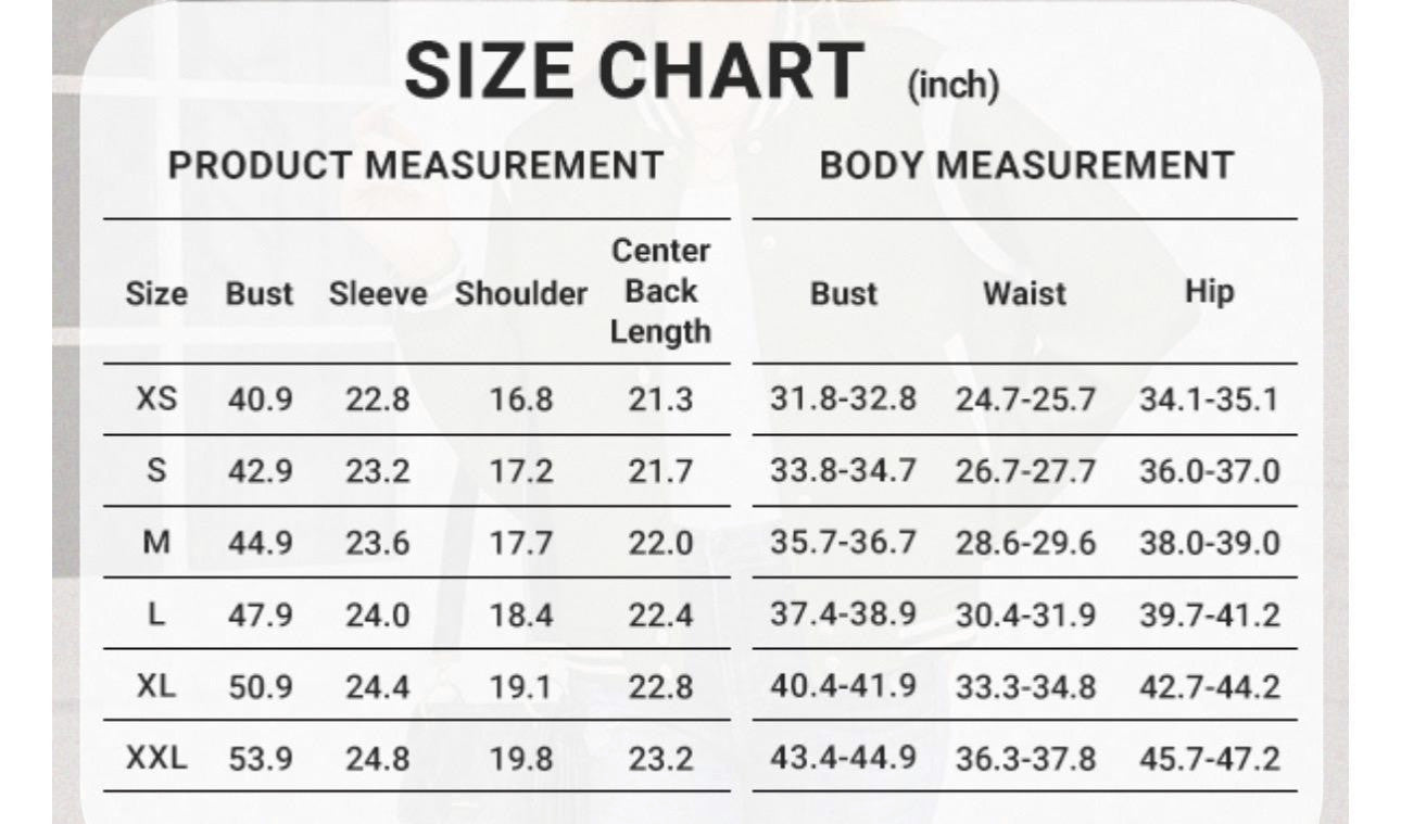 Rejecting Retail Studio women's custom embroidered zip-up varsity jacket size chart in inches.