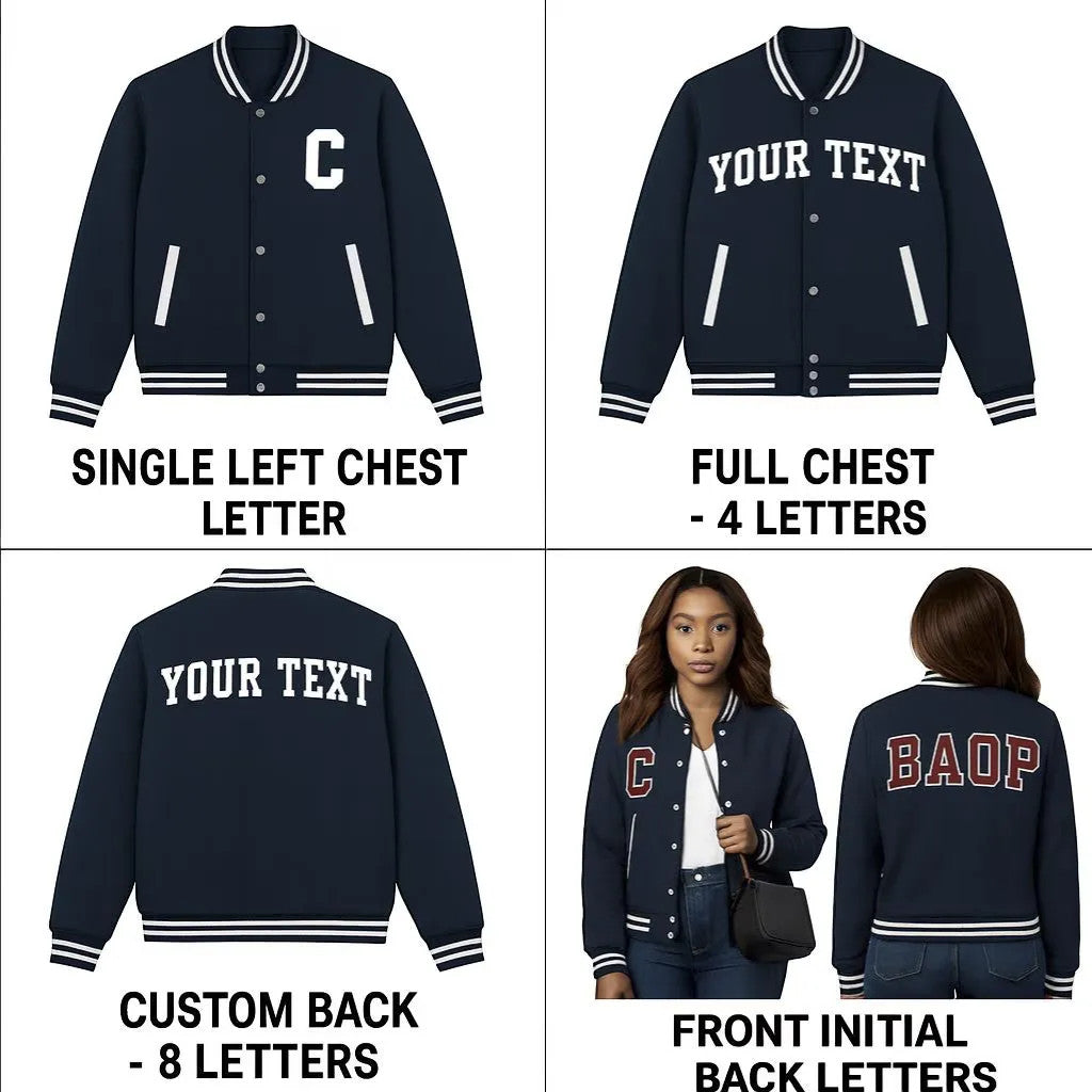 Rejecting Retail Studio navy blue custom embroidered varsity jacket with white trim and personalized text options.