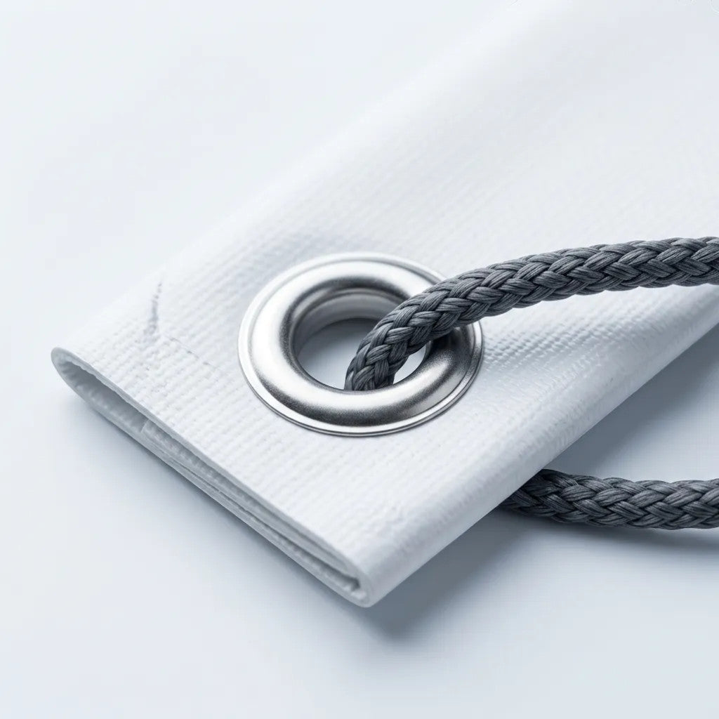 Rejecting Retail Studio white vinyl banner with metal grommet and grey rope detail for custom signage.