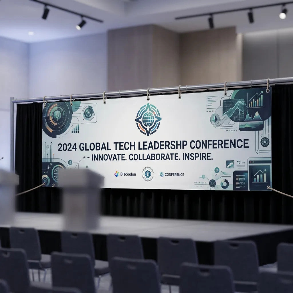Rejecting Retail Studio custom vinyl banner for 2024 Global Tech Leadership Conference, featuring full-color graphics and text.