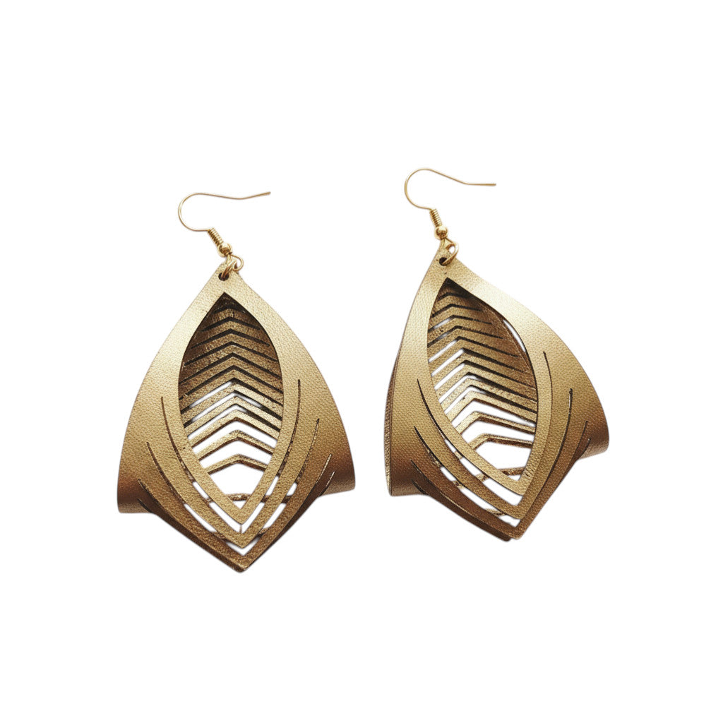 Rejecting Retail Studio gold leather statement earrings, hand-painted, 3D sculpted, genuine leather, lightweight.