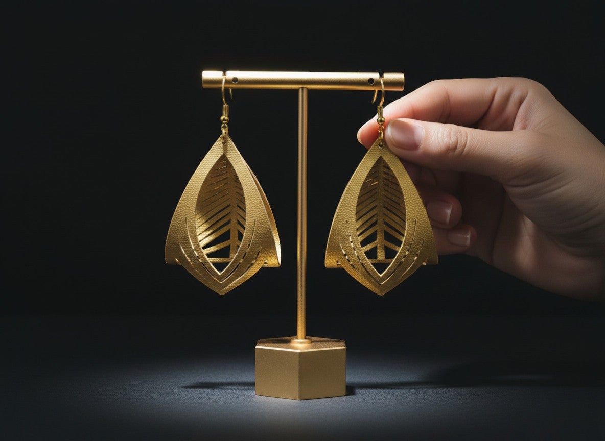 Rejecting Retail Studio gold leather statement earrings, hand-painted with 3D sculpted design.