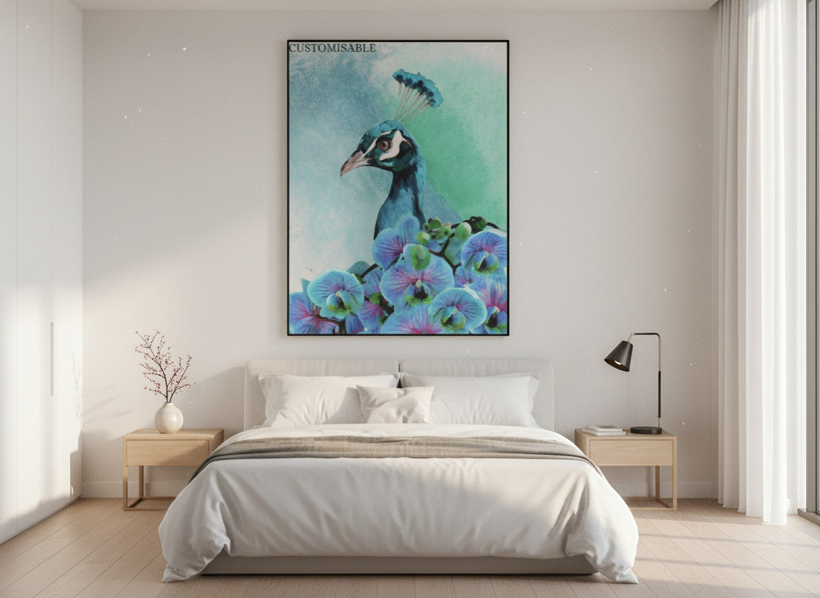 Rejecting Retail Studio custom canvas print of a peacock with blue orchids, teal and green background.