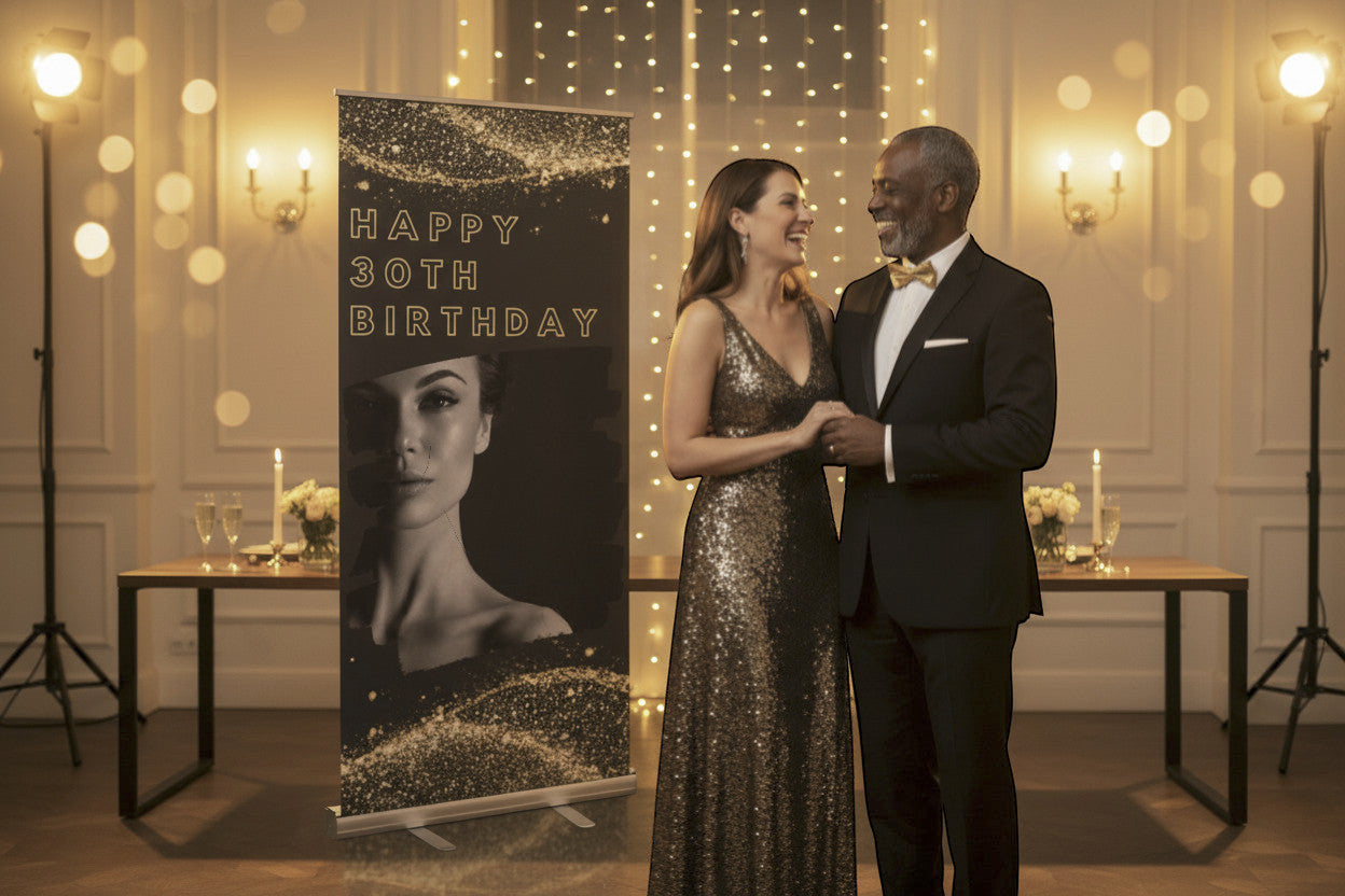 Rejecting Retail Studio personalized black and gold vinyl birthday banner with retractable stand and custom name.