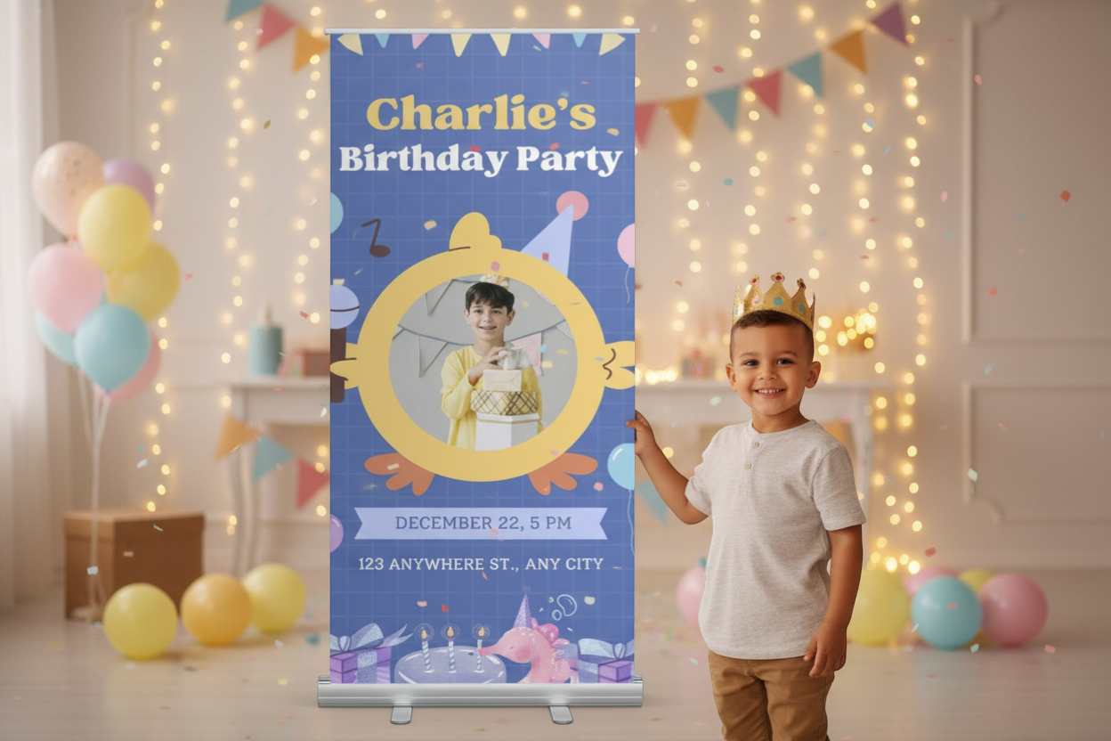 Rejecting Retail Studio personalized birthday banner for boys, featuring a photo of a boy with gifts, party graphics, and event details.