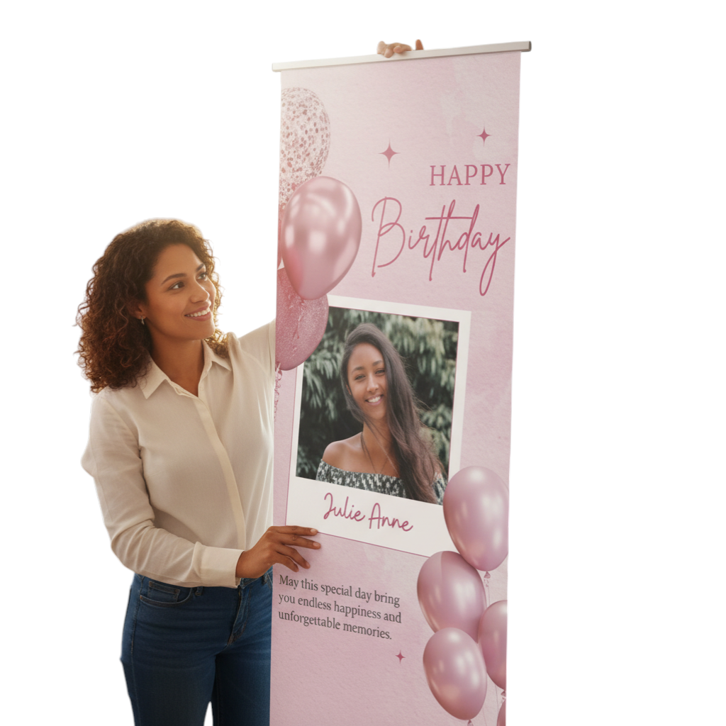 Rejecting Retail Studio personalized pink birthday banner with balloons and photos for girls. Features custom name and age.