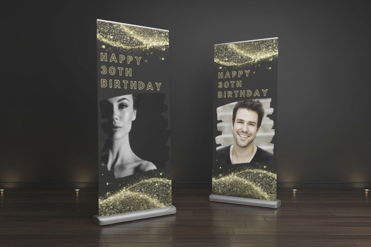 Rejecting Retail Studio personalized black and gold vinyl birthday banner with retractable stand, featuring custom photos and text.