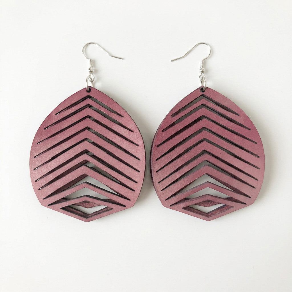 Rejecting Retail Studio ombré pink genuine leather statement earrings with chevron cutouts and hypoallergenic ear wires.