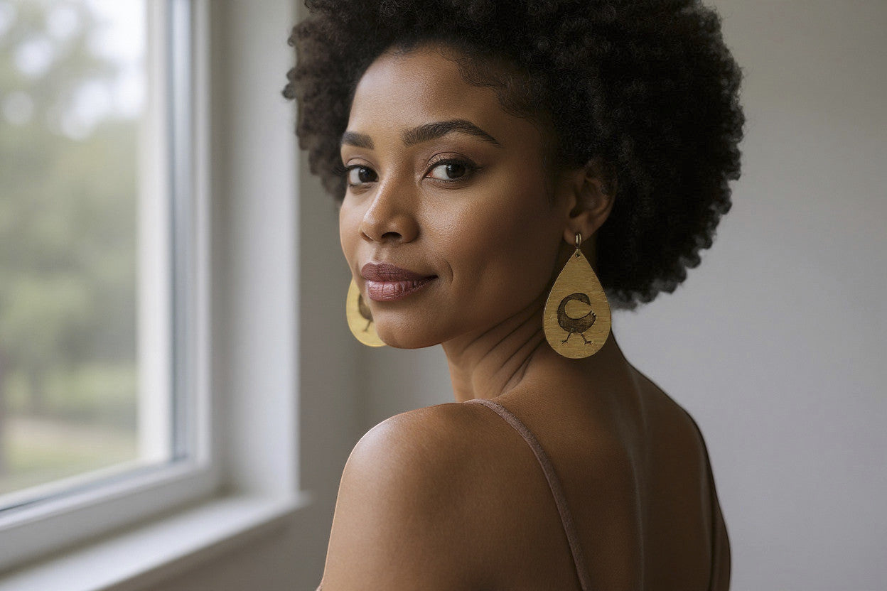 Rejecting Retail Studio Sankofa symbol engraved birchwood teardrop earrings with art deco border. Lightweight artisan jewelry.