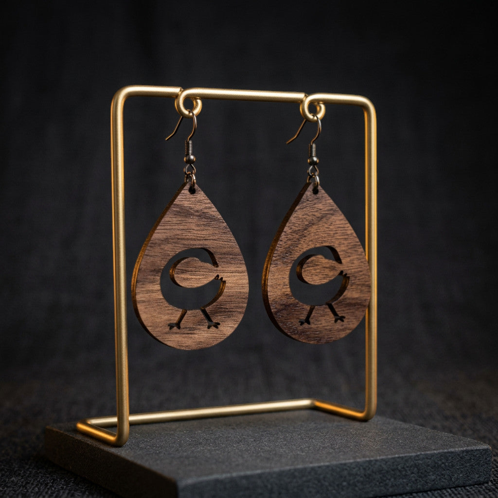 Rejecting Retail Studio Sankofa symbol teardrop earrings, laser-carved walnut wood with hypoallergenic ear wires.
