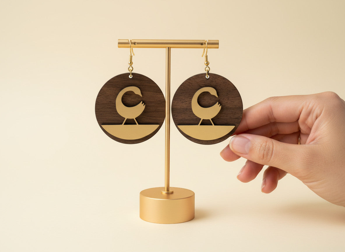 Rejecting Retail Studio walnut wood and gold Sankofa bird earrings with leather accent. Round, mixed-media dangle earrings.