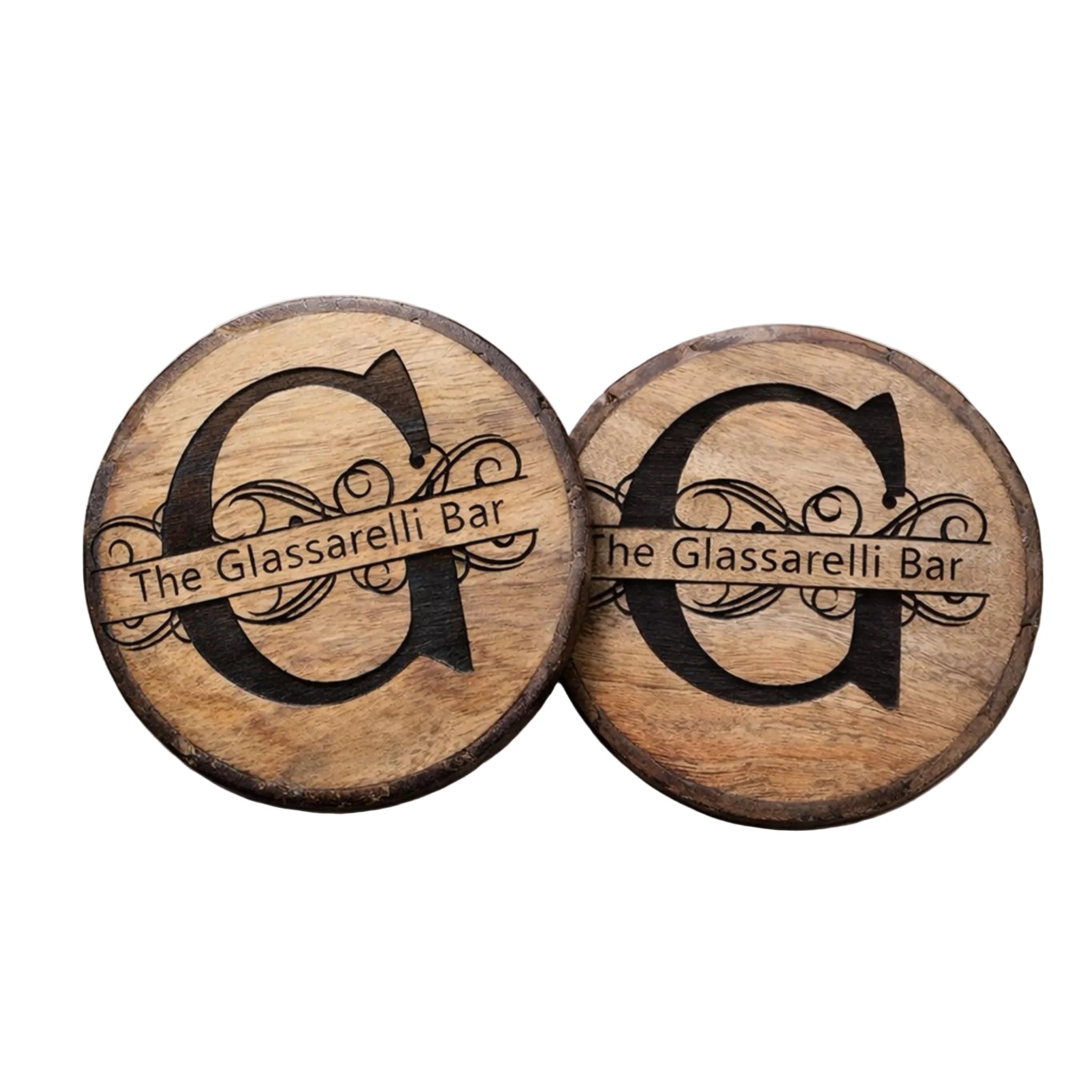 Personalized engraved wood coasters with bold initial band design and custom bar name.