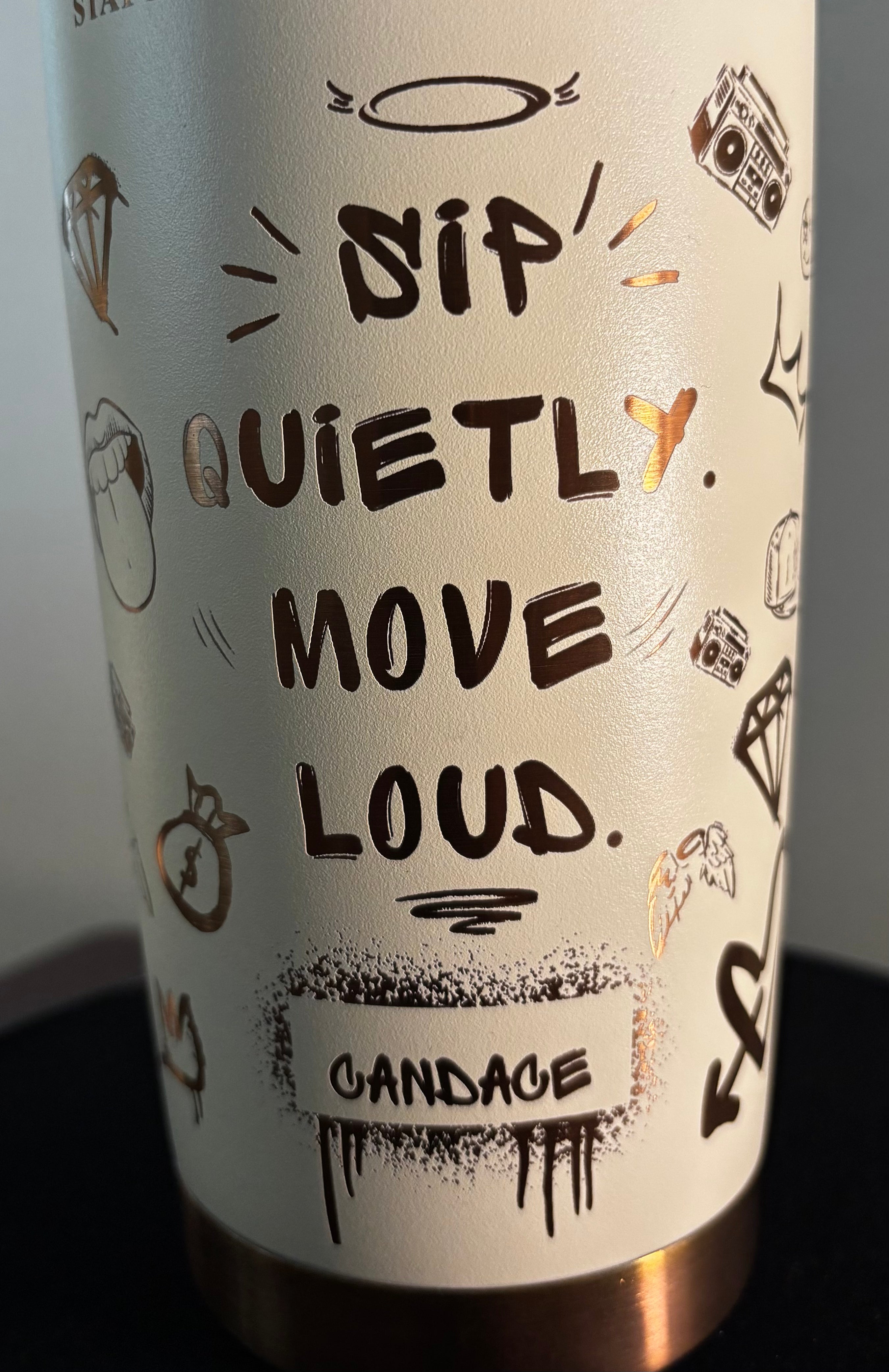 Personalized Skinny Tumbler 20 oz - Black Gold Graffiti Statement Cup, Bold Quote Stainless Steel Tumbler, Custom Name Gift for Her