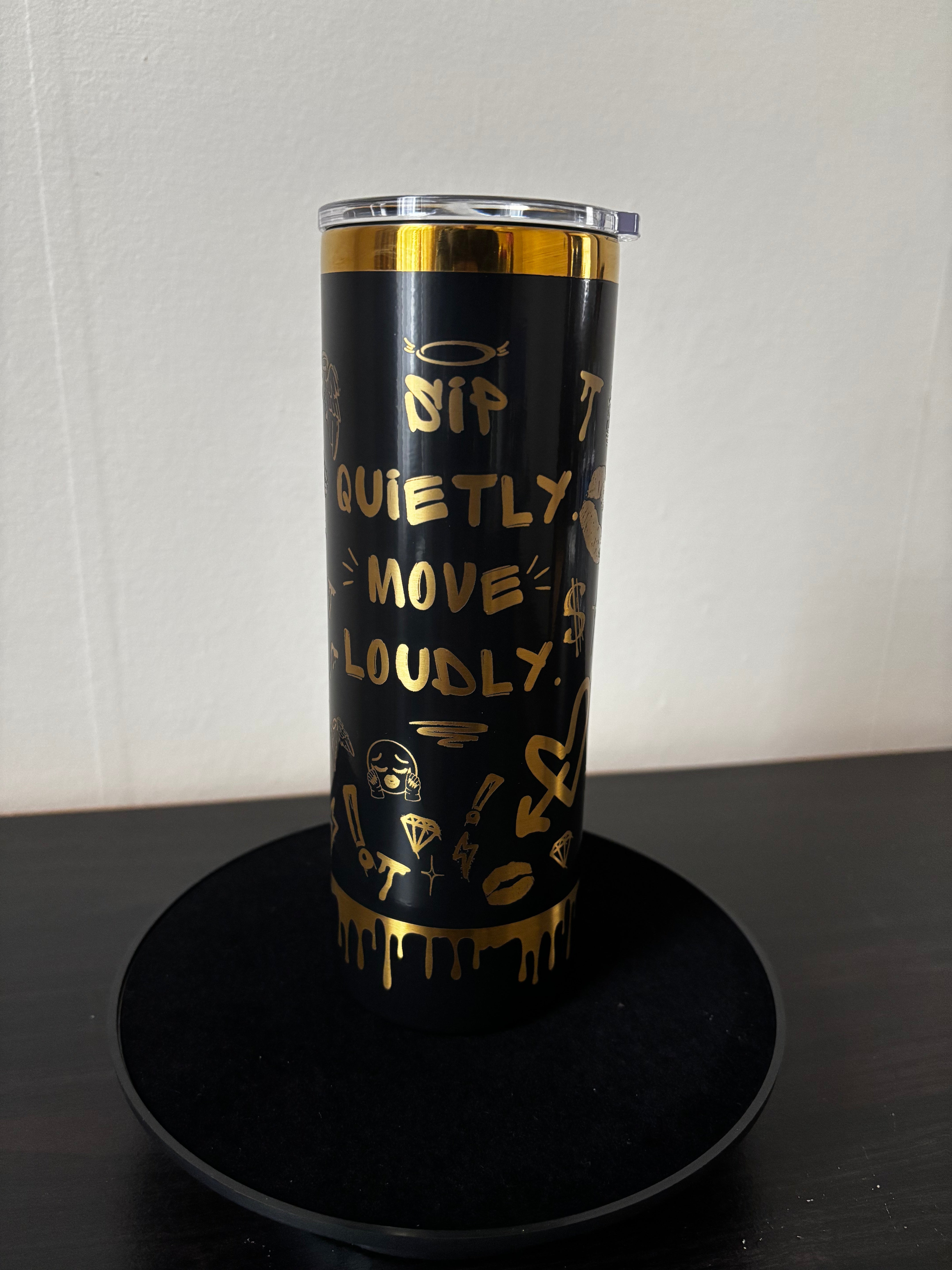 Personalized Skinny Tumbler 20 oz - Black Gold Graffiti Statement Cup, Bold Quote Stainless Steel Tumbler, Custom Name Gift for Her