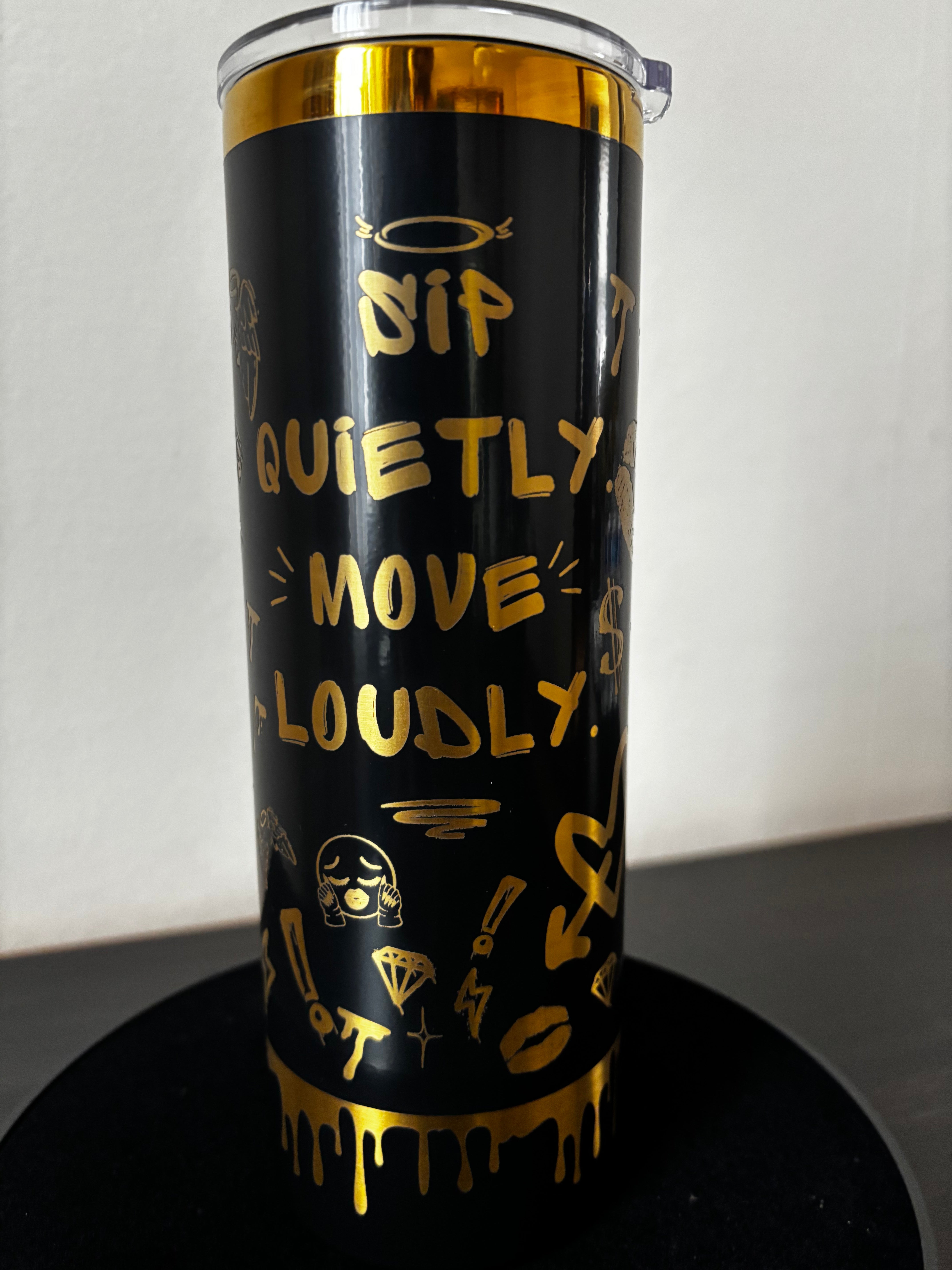 Personalized Skinny Tumbler 20 oz - Black Gold Graffiti Statement Cup, Bold Quote Stainless Steel Tumbler, Custom Name Gift for Her