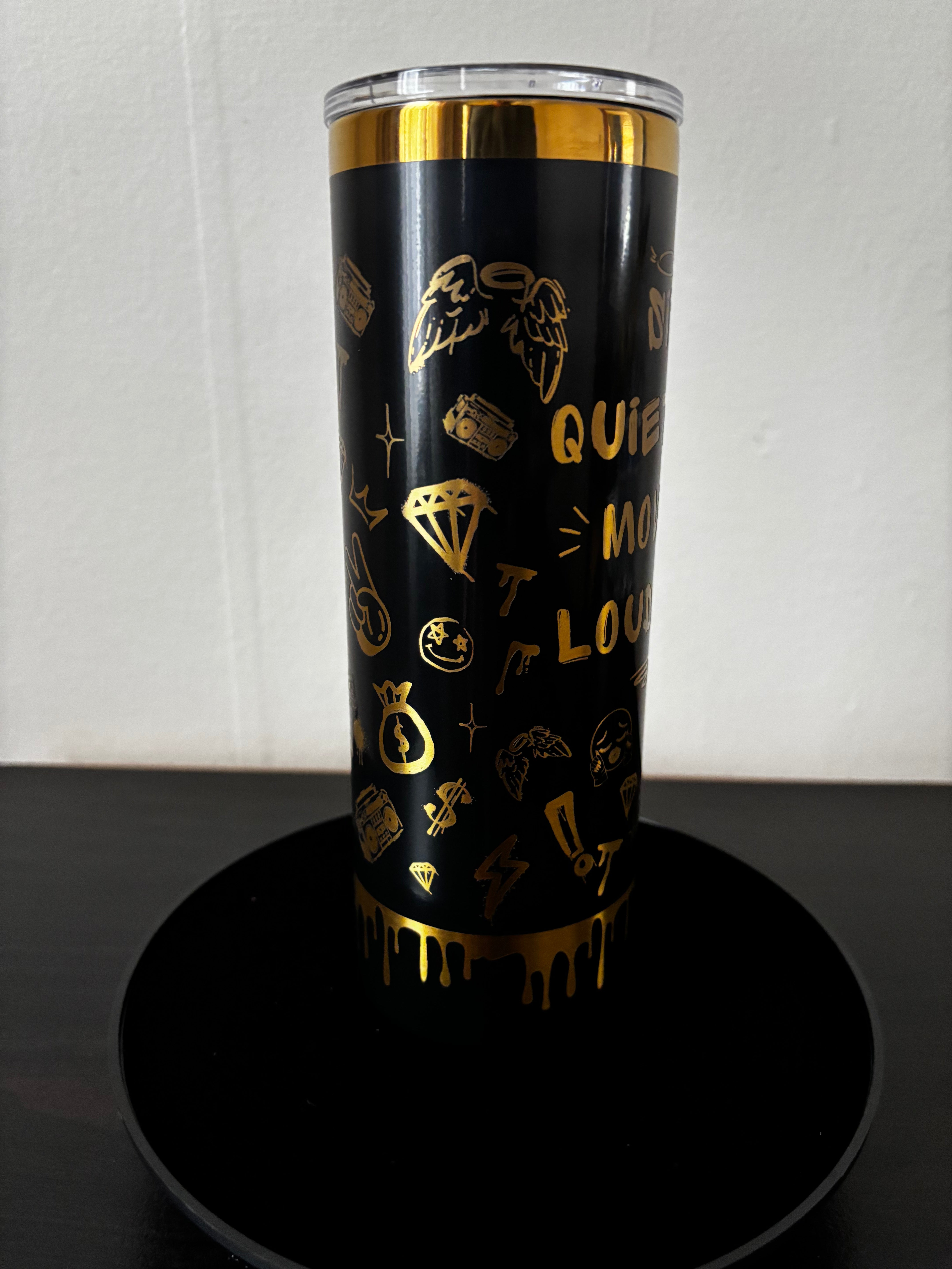 Personalized Skinny Tumbler 20 oz - Black Gold Graffiti Statement Cup, Bold Quote Stainless Steel Tumbler, Custom Name Gift for Her