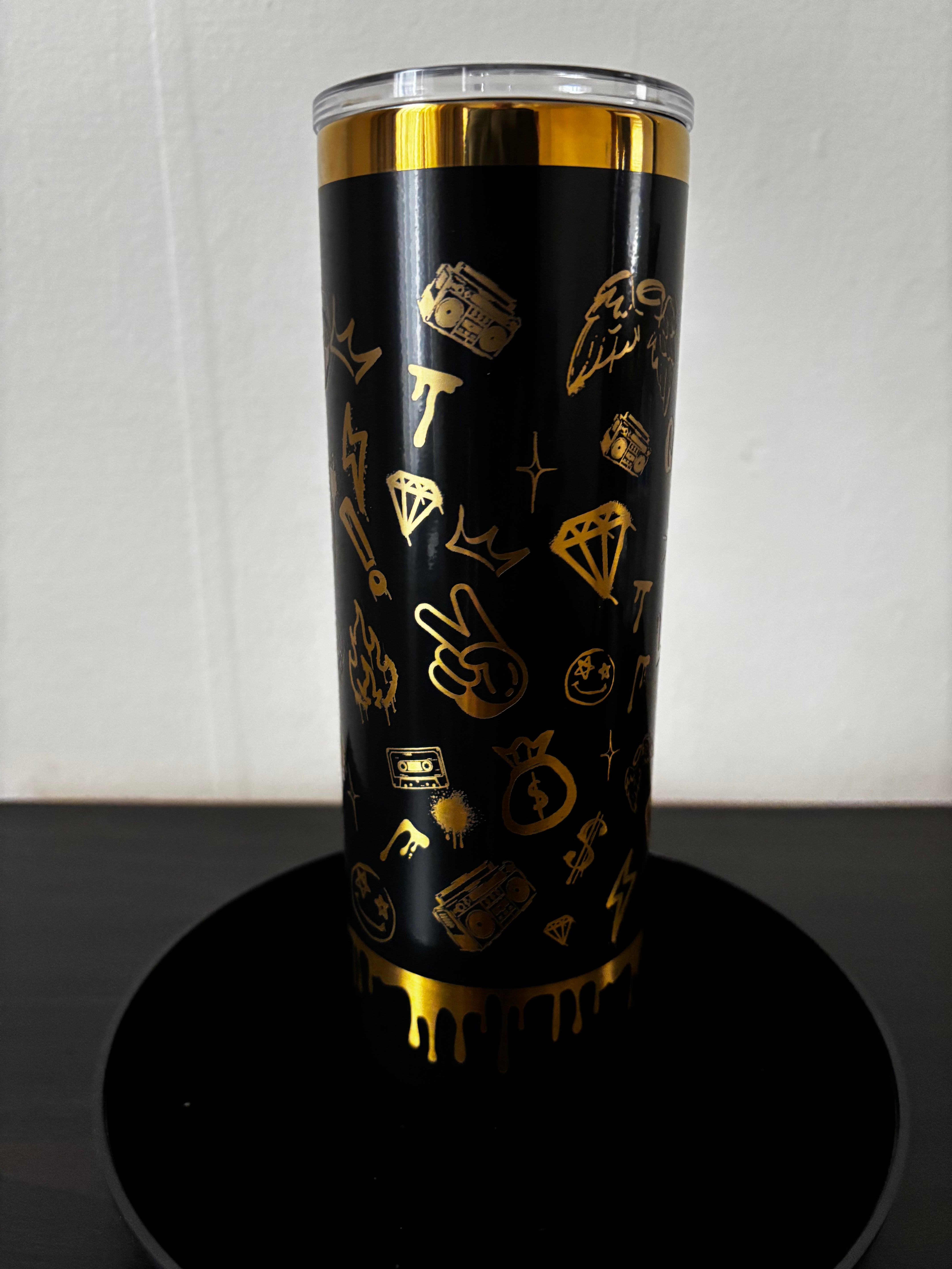 Personalized Skinny Tumbler 20 oz - Black Gold Graffiti Statement Cup, Bold Quote Stainless Steel Tumbler, Custom Name Gift for Her