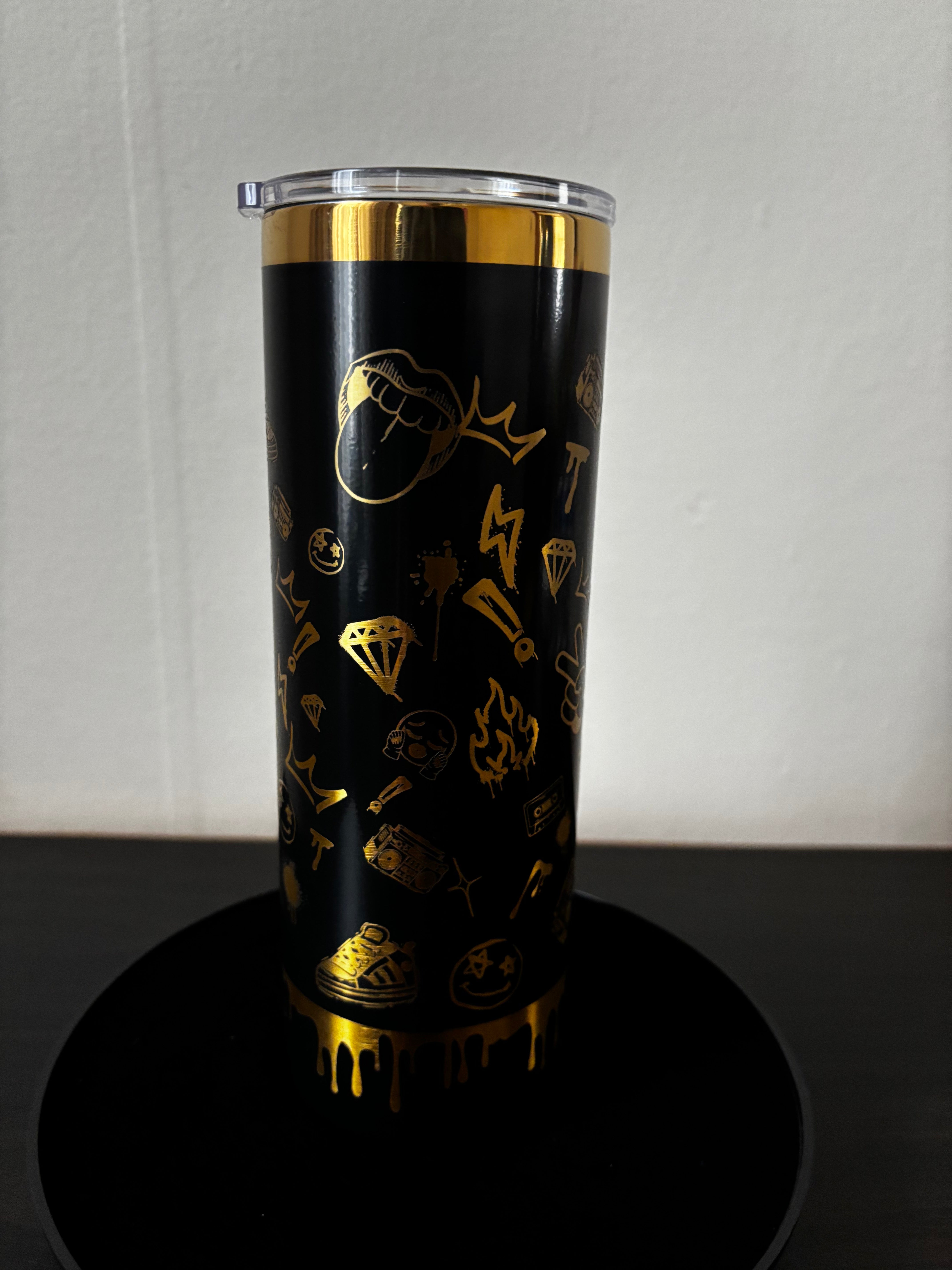 Personalized Skinny Tumbler 20 oz - Black Gold Graffiti Statement Cup, Bold Quote Stainless Steel Tumbler, Custom Name Gift for Her