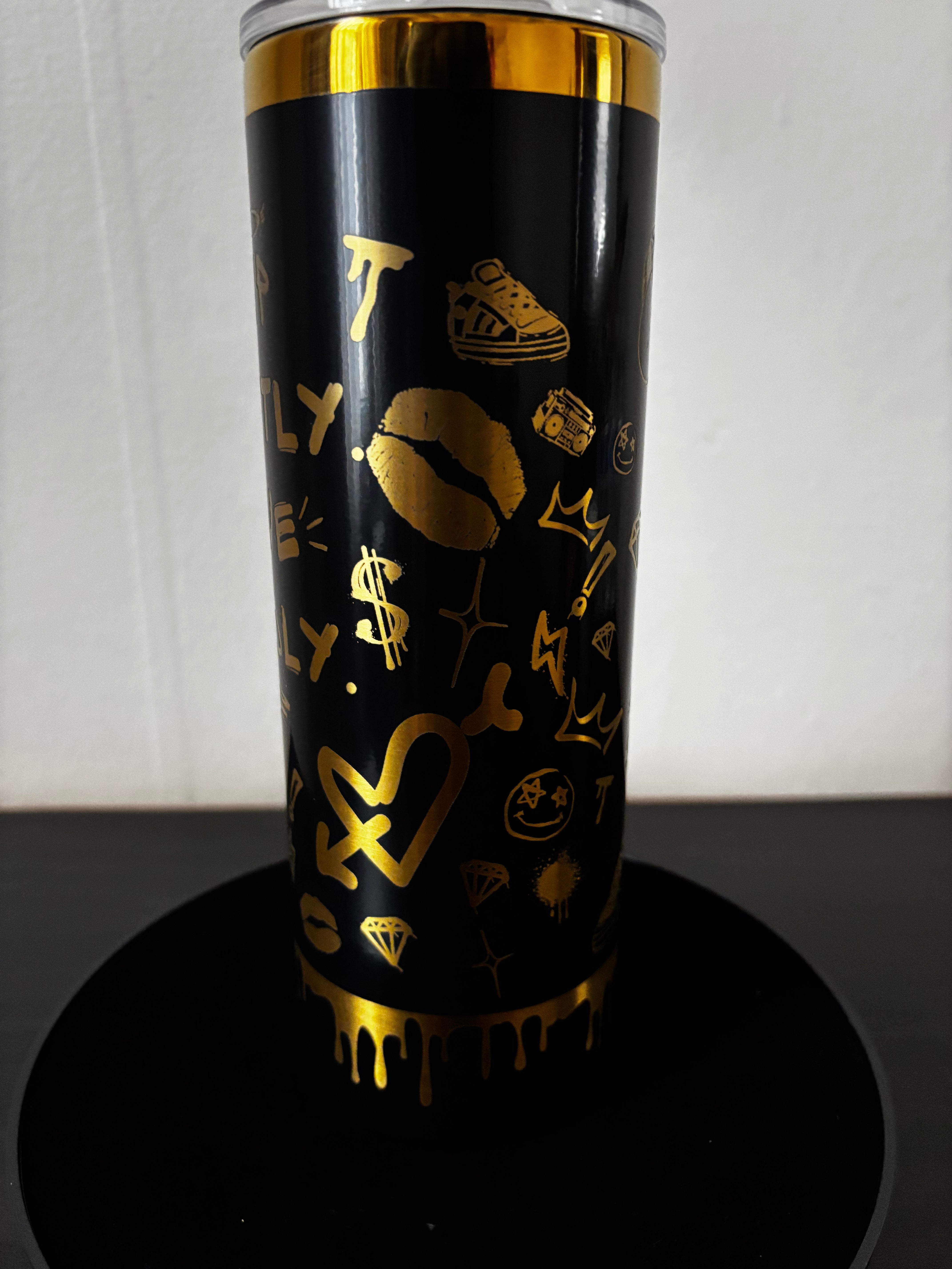 Personalized Skinny Tumbler 20 oz - Black Gold Graffiti Statement Cup, Bold Quote Stainless Steel Tumbler, Custom Name Gift for Her