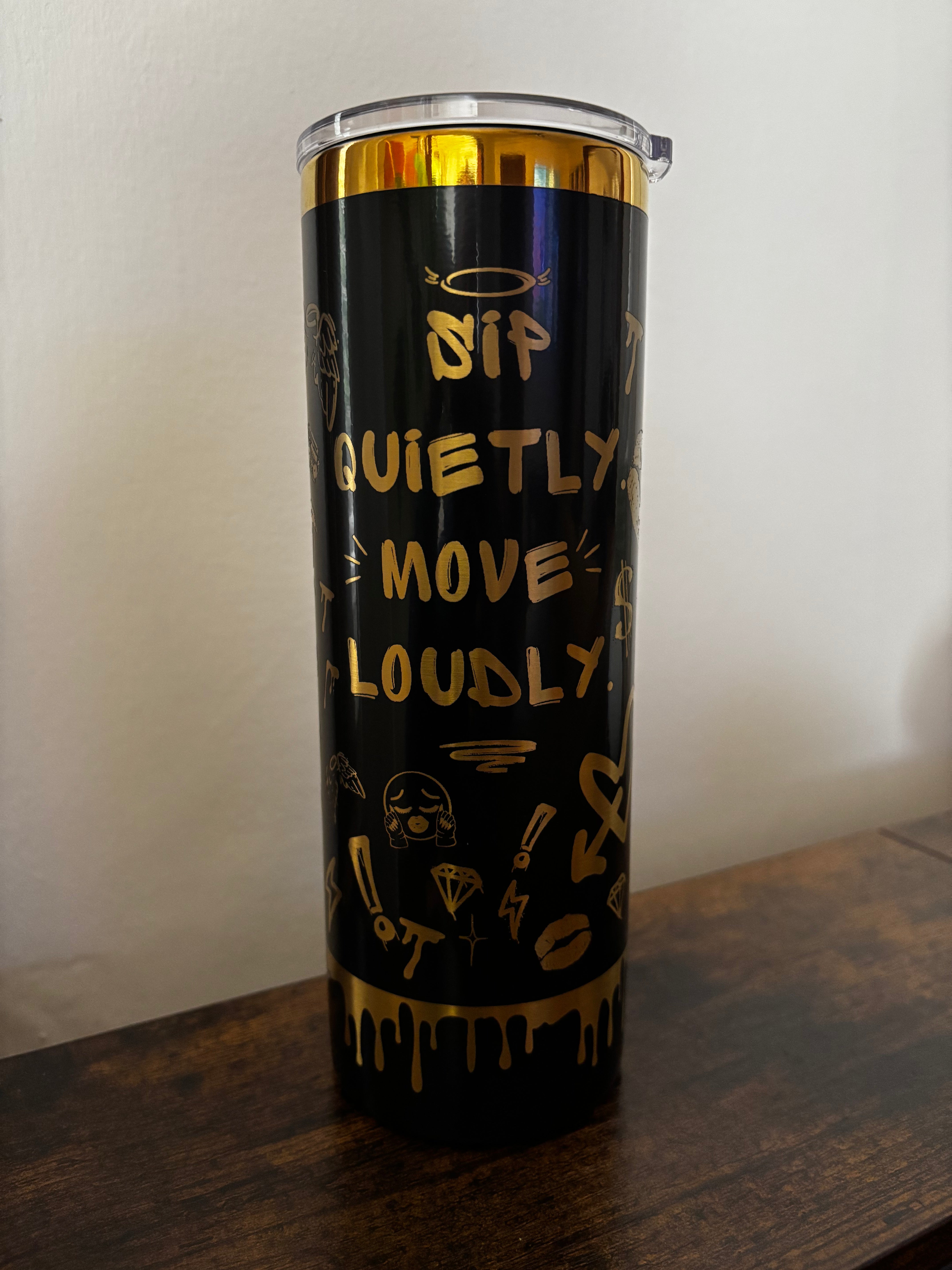 Personalized Skinny Tumbler 20 oz - Black Gold Graffiti Statement Cup, Bold Quote Stainless Steel Tumbler, Custom Name Gift for Her