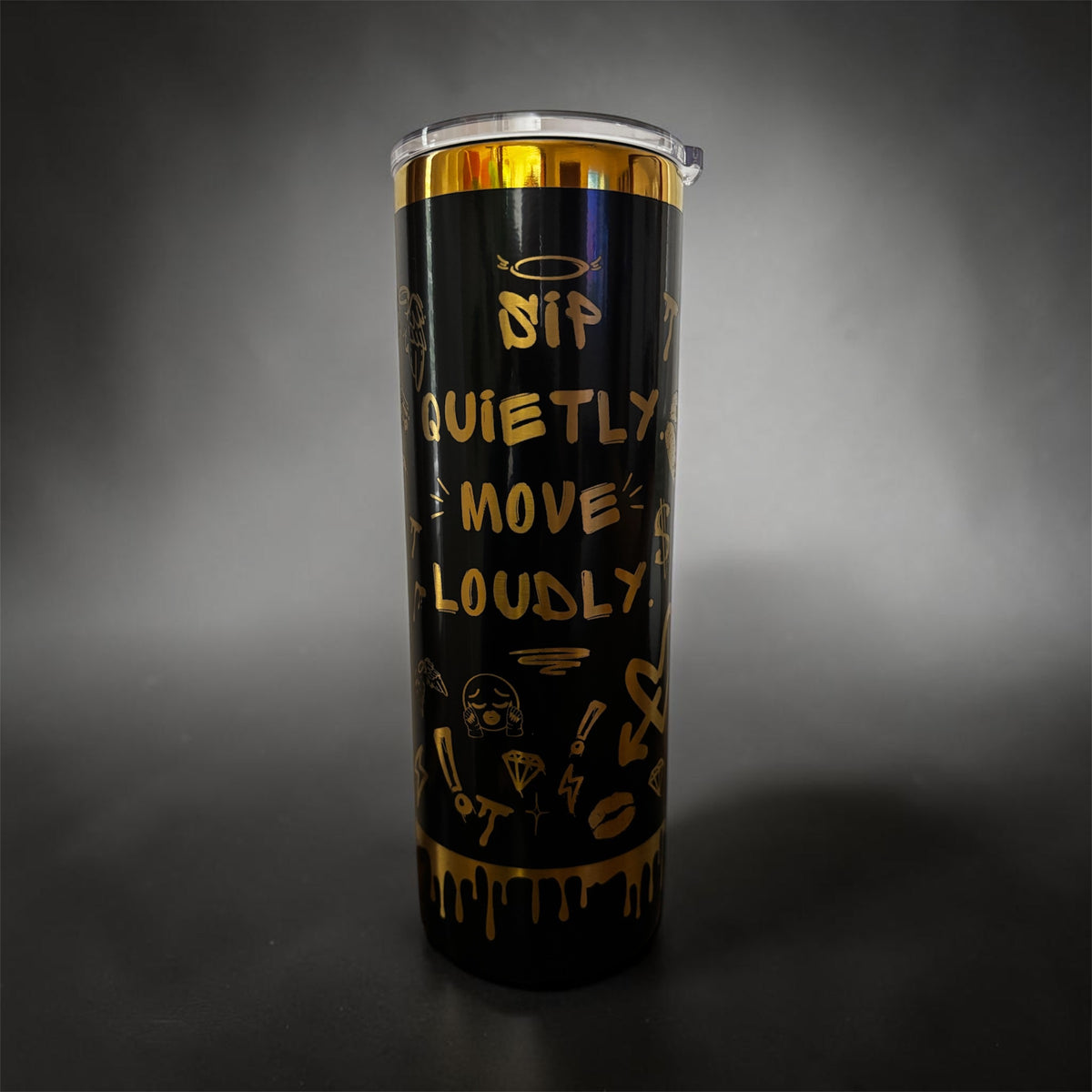Personalized Skinny Tumbler 20 oz - Black Gold Graffiti Statement Cup, Bold Quote Stainless Steel Tumbler, Custom Name Gift for Her