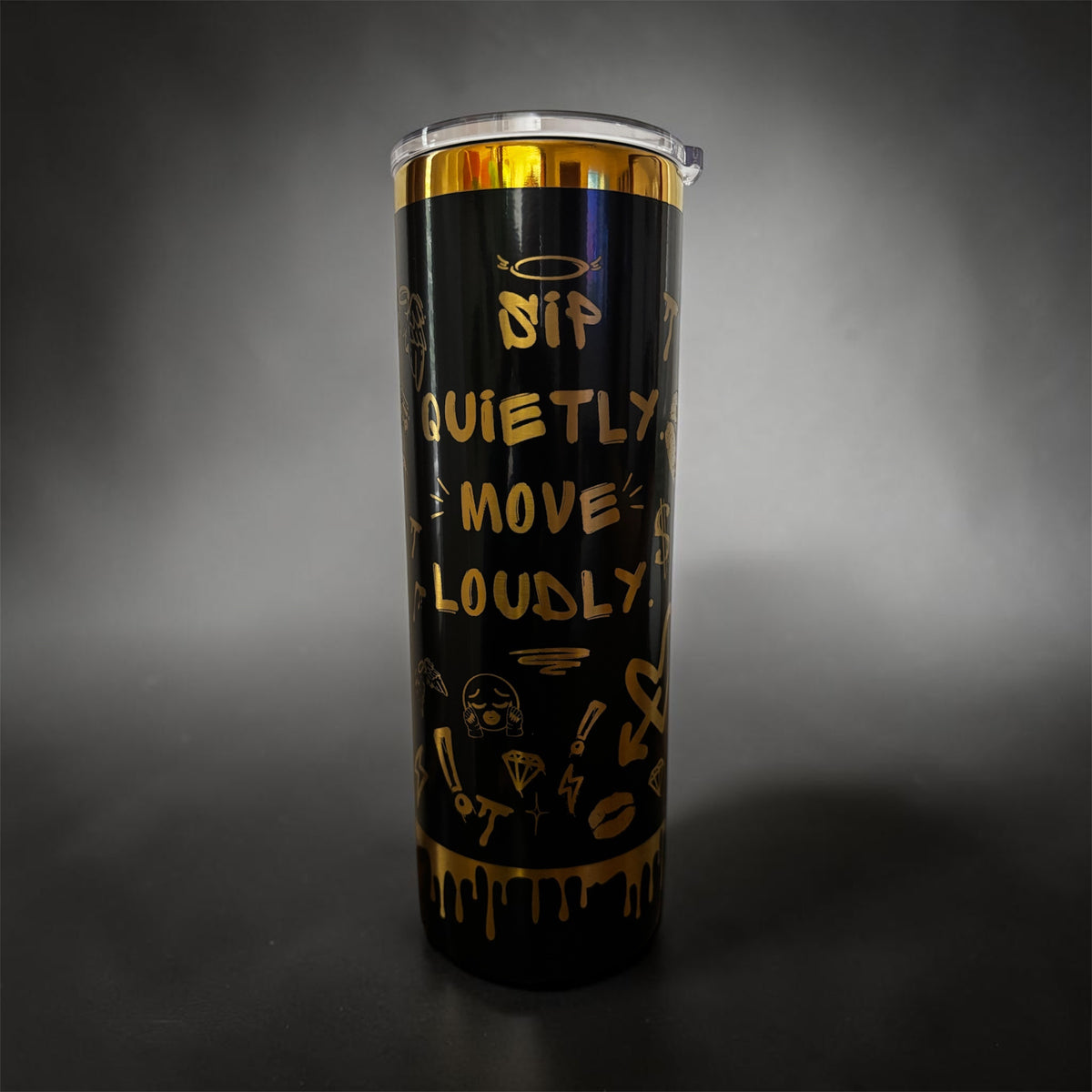 Personalized Skinny Tumbler 20 oz - Black Gold Graffiti Statement Cup, Bold Quote Stainless Steel Tumbler, Custom Name Gift for Her