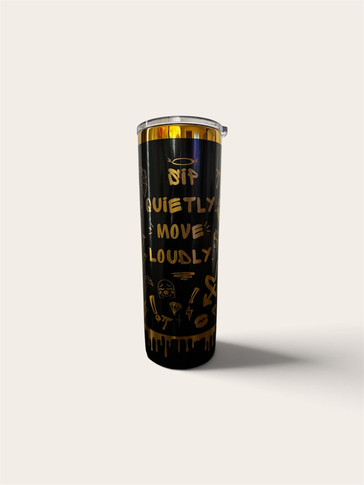 Personalized Skinny Tumbler 20 oz - Black Gold Graffiti Statement Cup, Bold Quote Stainless Steel Tumbler, Custom Name Gift for Her